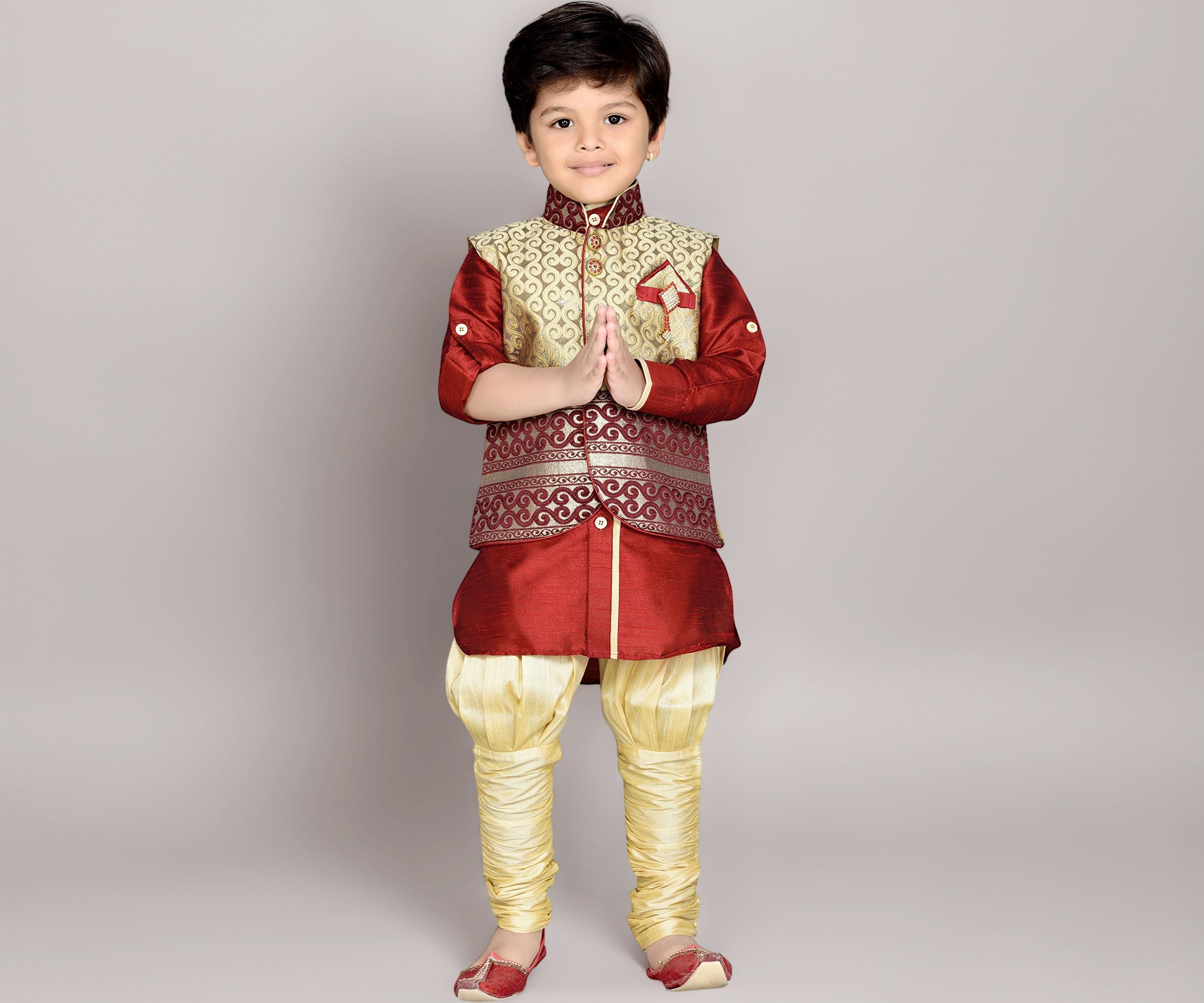 AJ DEZINES Kids Ethnic Wear Kurta Pyjama Waistcoat Set for Boys (636-MAROON-2)