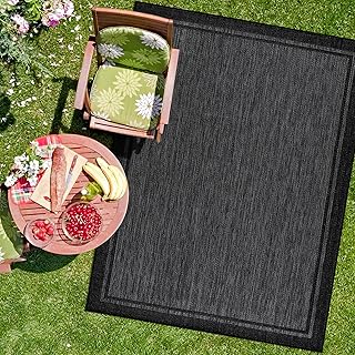 CAMILSON Indoor Outdoor Rug, 5x7 Bordered Dark Grey Black Modern Area Ru...