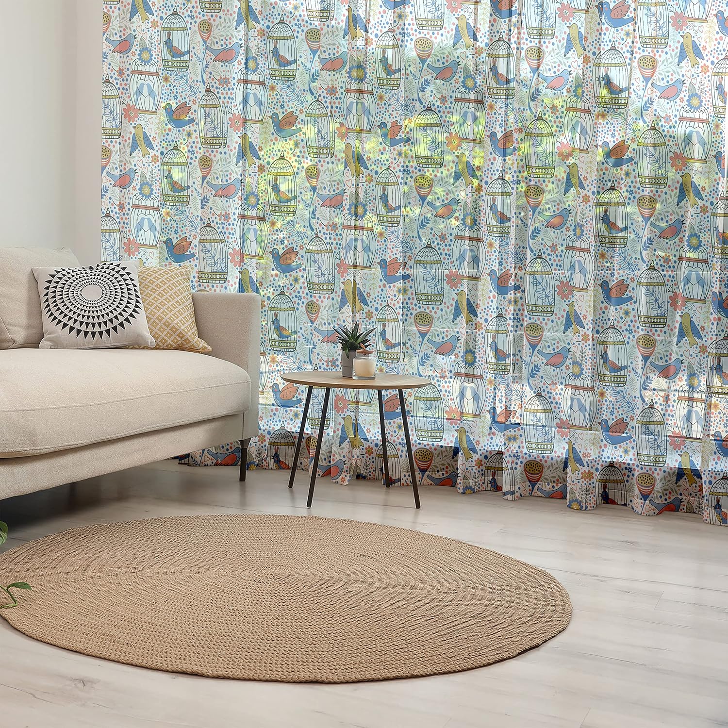 Lunarable Botanical Tulle Curtains with Rod Pocket, Bird Cages Valentines Love Garden Themed Flowers Leaf Romantic Design, Sheer Drape for Wedding Party 2 Panels, 108" x 63", Dark Coral Violet Blue
