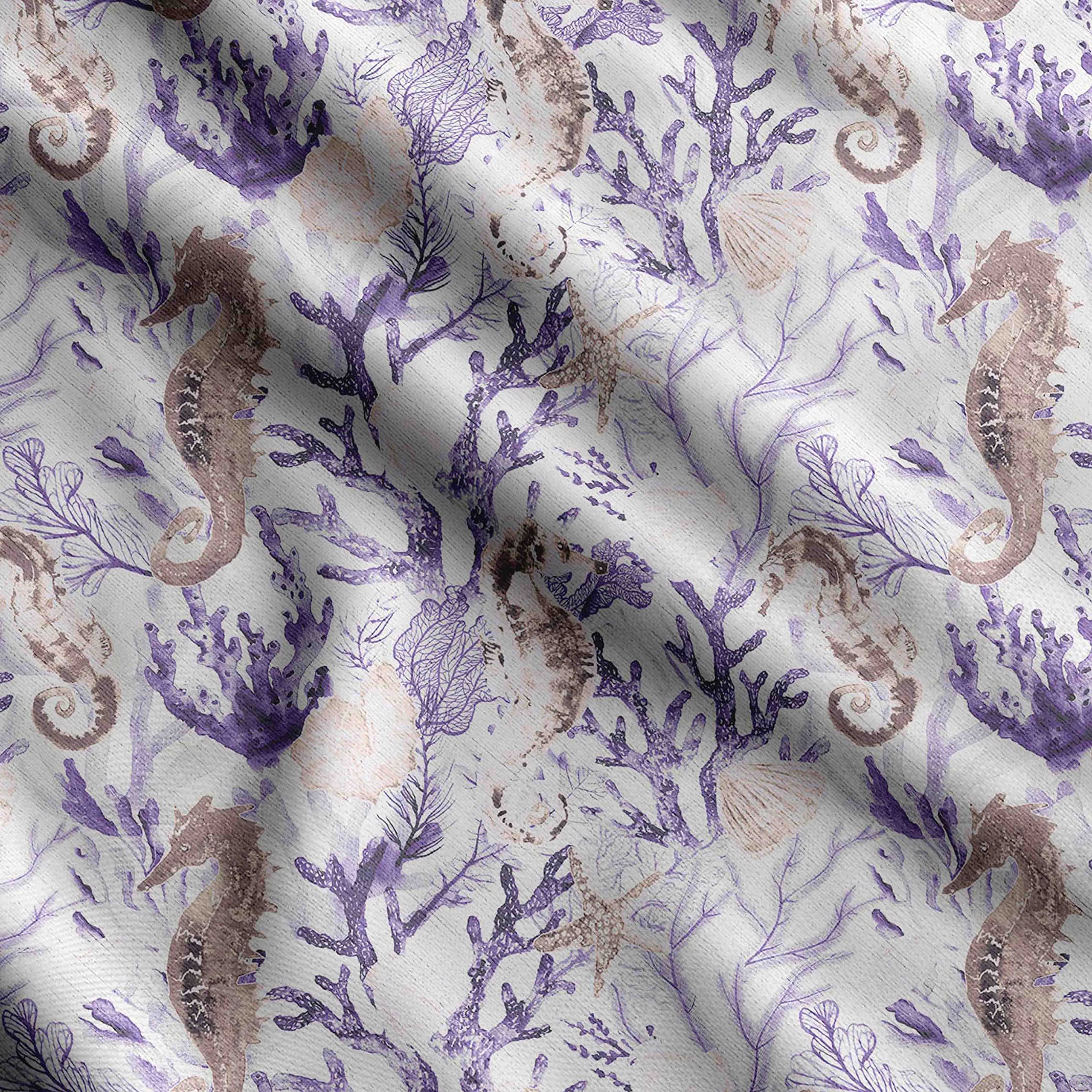 Soimoi Sea Shell Print - Purple, Canvas Fabric Material - 56 Inch Wide, 1 Metre, Unstitched Fabric for Upholstery, Bags, Workwear and Outdoor Gear.