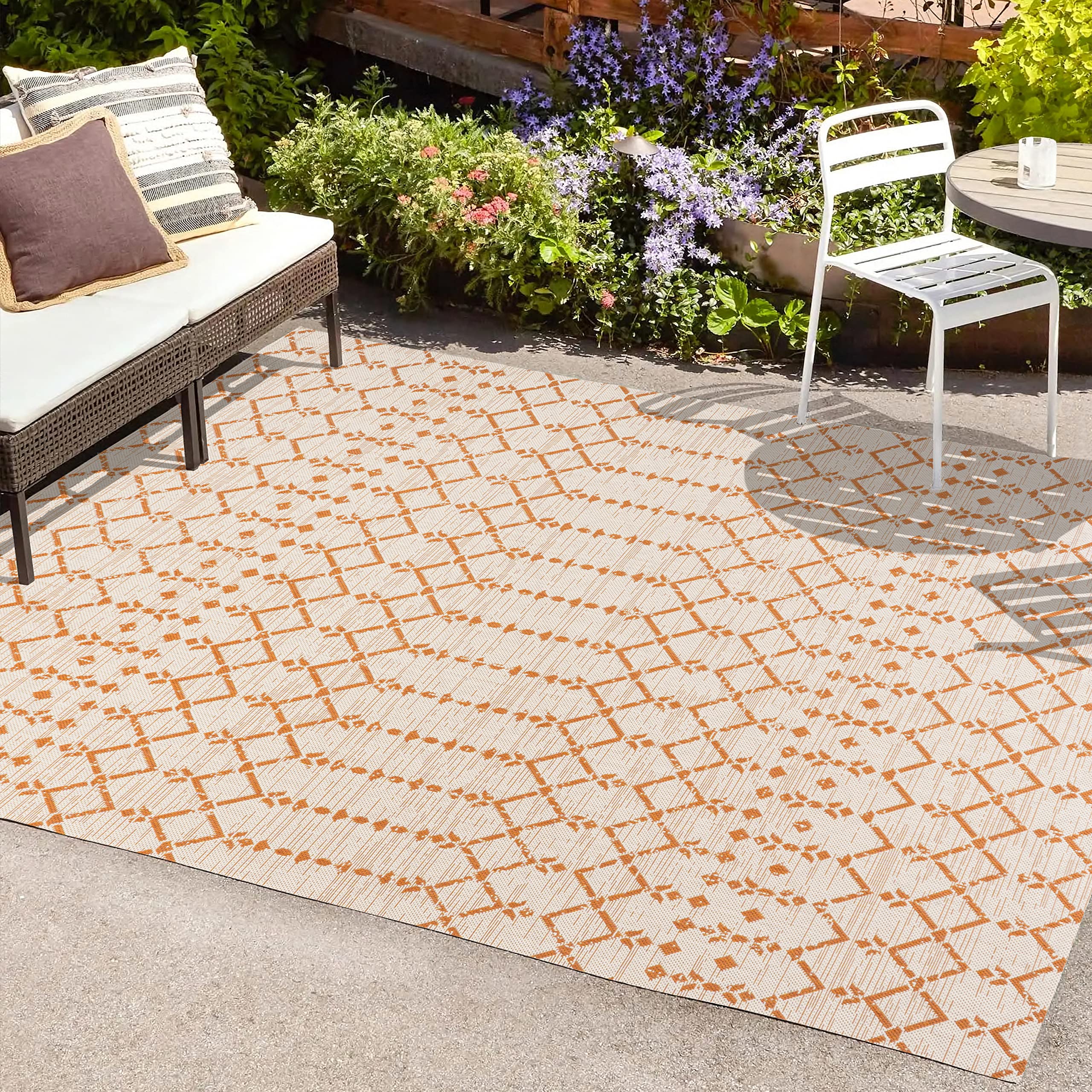 JONATHAN Y SMB108O-5 Ourika Moroccan Geometric Textured Weave Indoor Outdoor Area-Rug, Bohemian Rustic Scandinavian Easy-Cleaning,Bedroom,Kitchen,Backyard,Patio,Non Shedding, 5 X 8, Cream/Orange