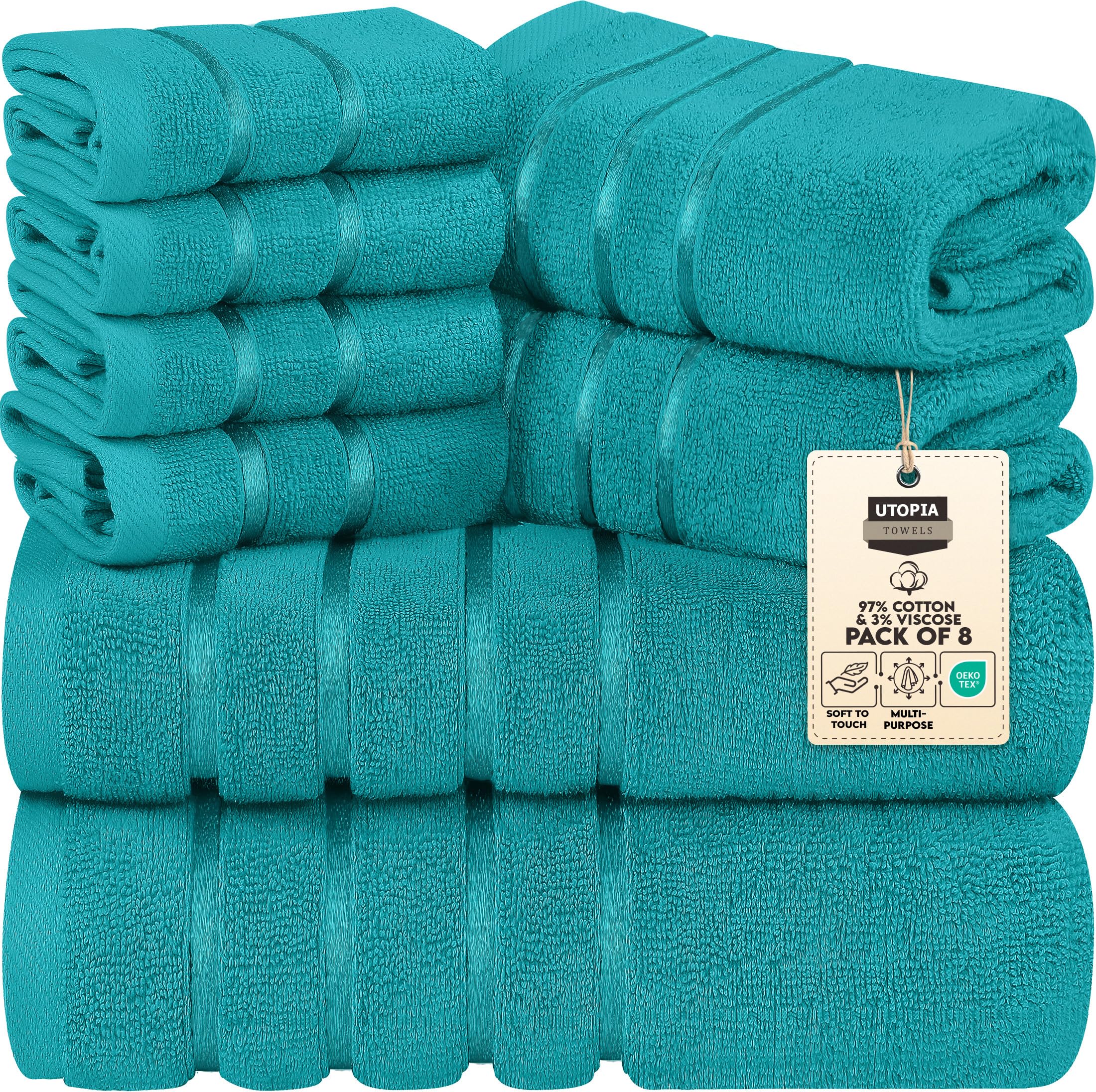 Utopia Towels 8-Piece Luxury Towel Set, 2 Bath Towels, 2 Hand Towels, and 4 Wash Cloths, 600 GSM 100% Ring Spun Cotton Highly Absorbent Viscose Stripe Towels Ideal for Everyday use (Turquoise)