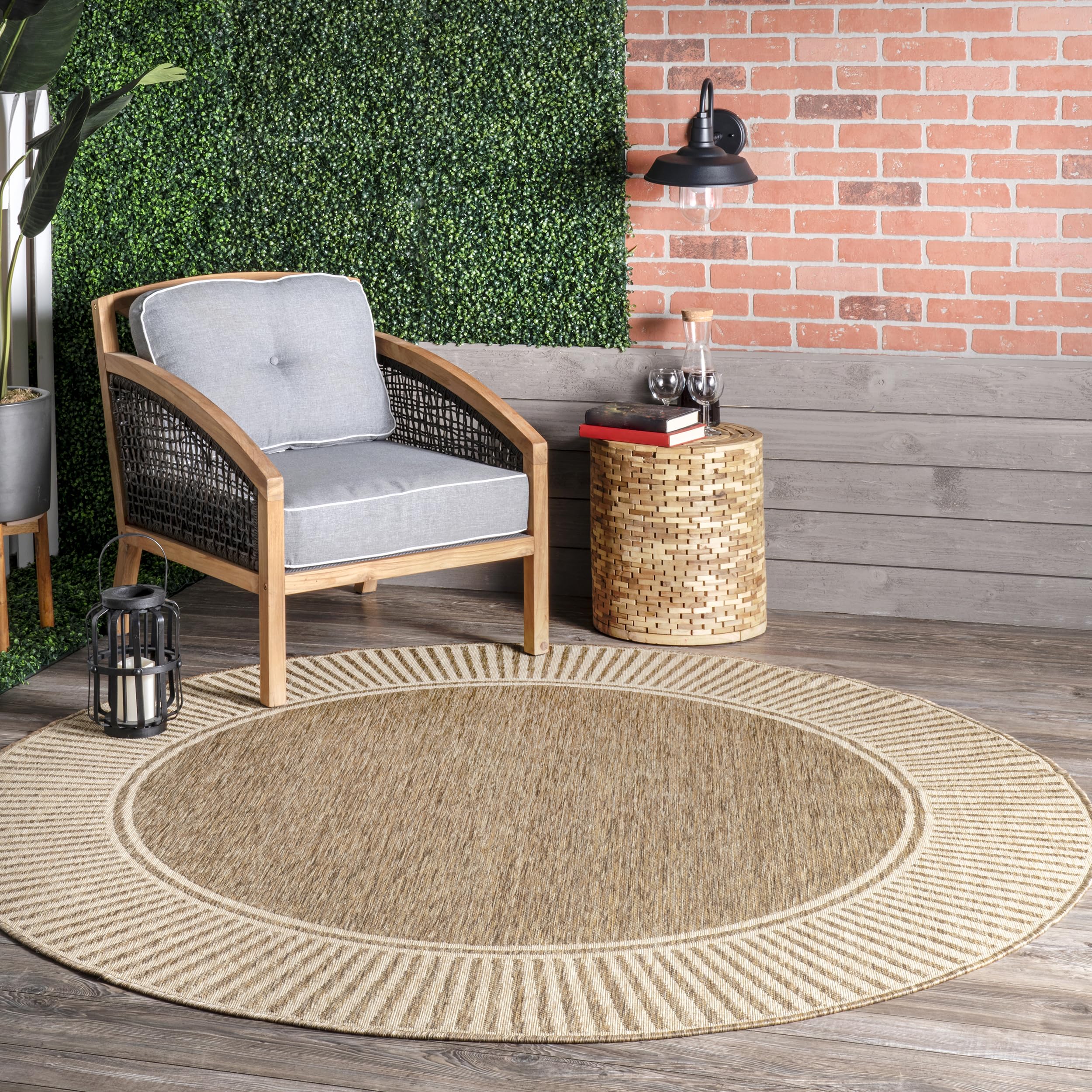 Nuloom Asha Light Brown/Ivory, 6'7" Round, Casual, Striped Border, Soft and Cozy, High Traffic, Stain Resistant, Easy Clean, Durable Area Rug for Indoor/Outdoor Patio, Deck, Porch, Garden, Courtyard