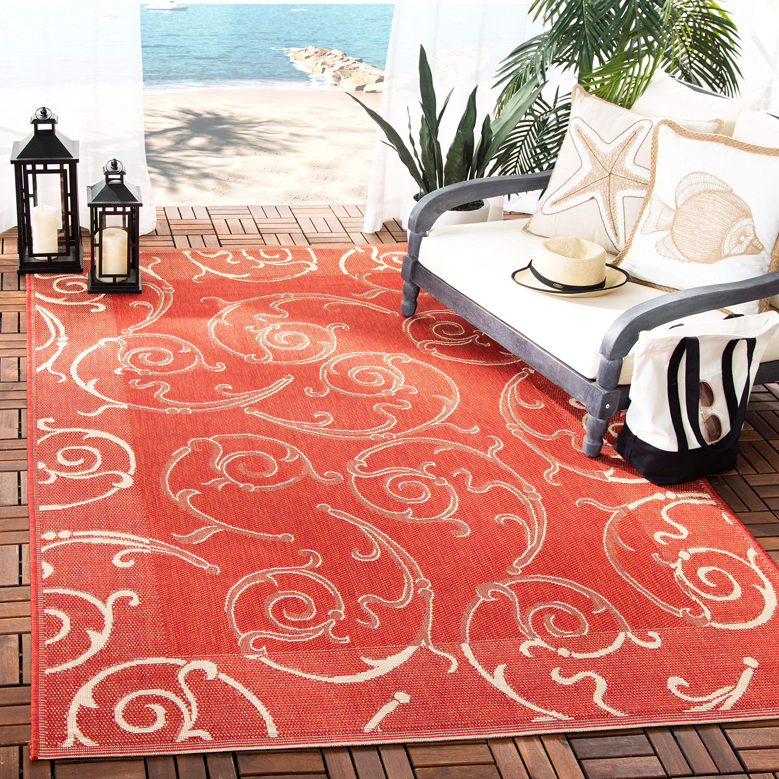 SAFAVIEH Washable Rug Outdoor Courtyard Collection - 2'7" x 5', Red & Natural, Non-Shedding & Easy Cleaning, Ideal for Patio, Backyard, Mudroom (