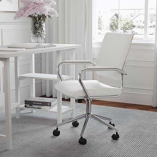 Martha Stewart Piper - Silla giratoria con reposabrazos para oficina en casa en piel sintética blanca con marco de níquel pulido