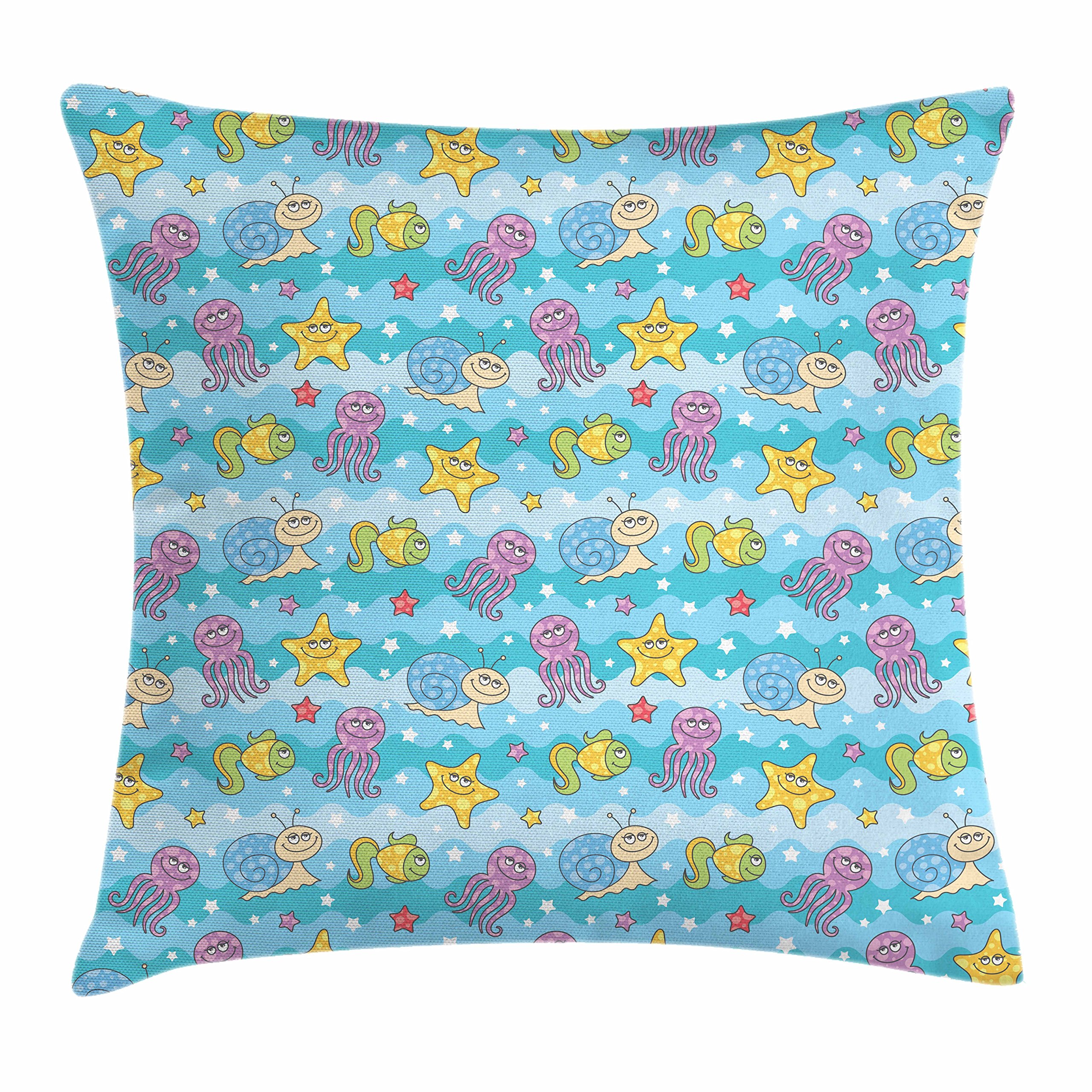 Lunarable Sea Animals Throw Pillow Cushion Cover, Waves with Stars Different Funny Fishes and Sea Creatures Cheerful Childish, Decorative Square Accent Pillow Case, 28
