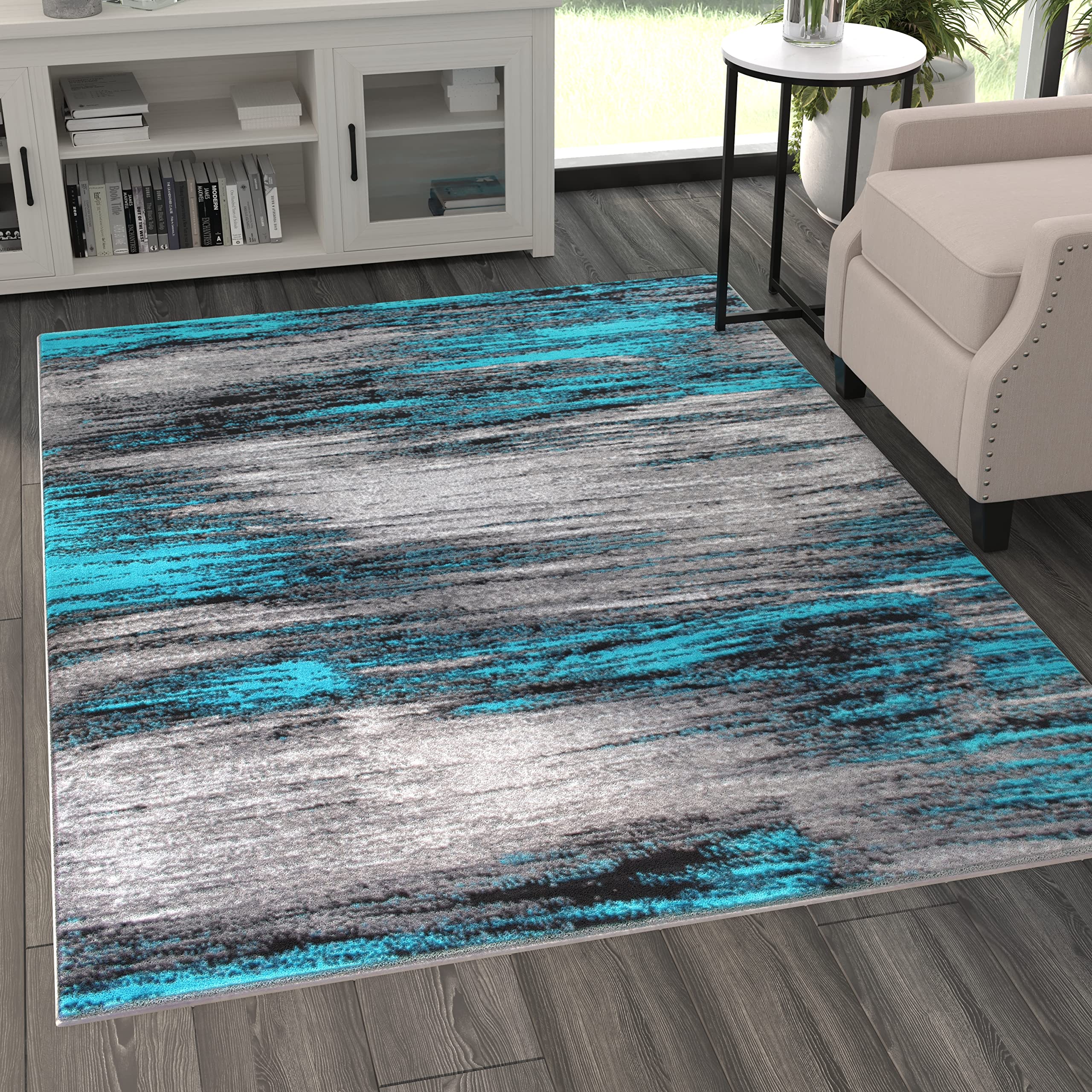 Masada Masada Rugs Trendz Collection 5'x7' Modern Contemporary Area Rug in Turquoise, Gray and Black - Design Trz863