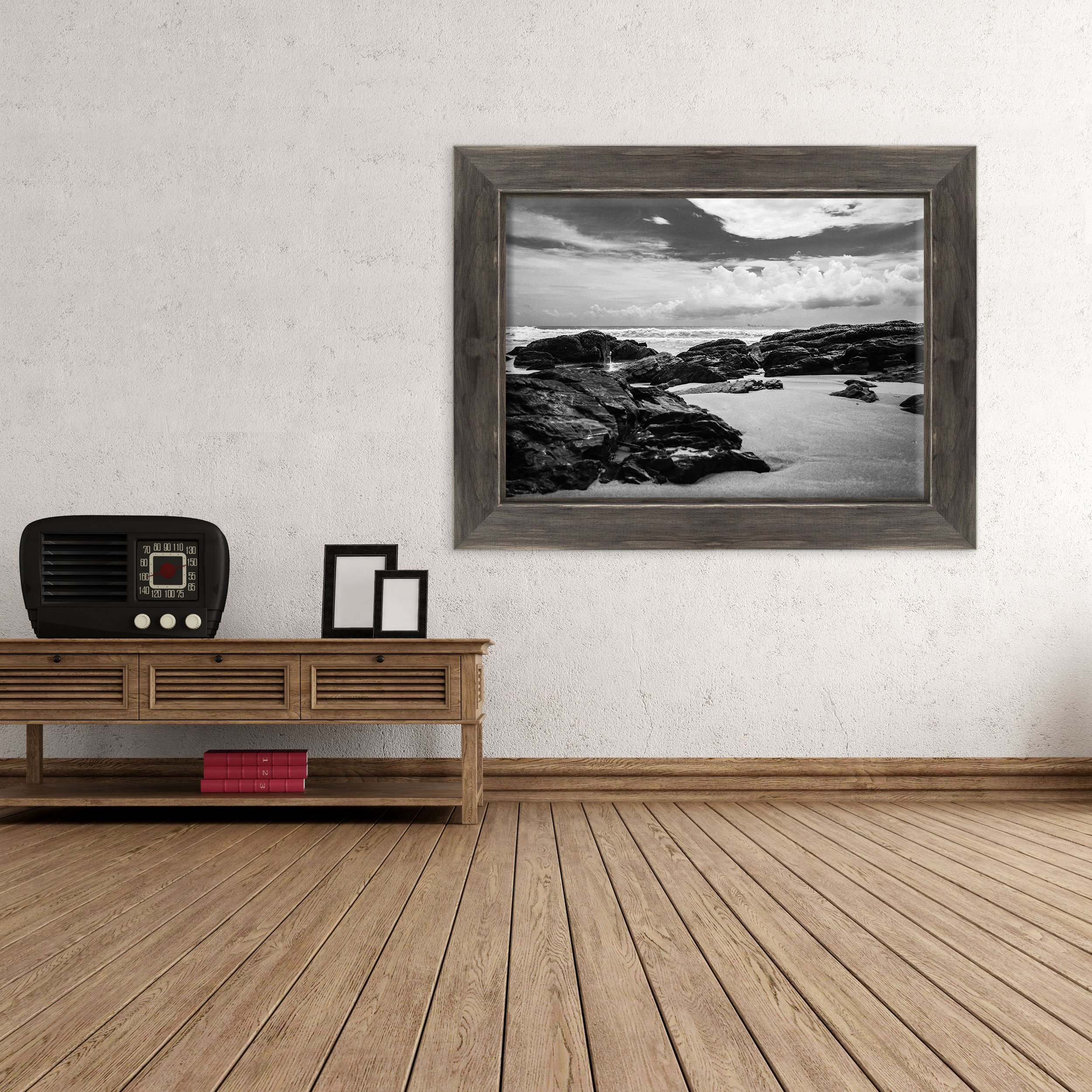 Quadro su Tela Canvas INTELAIATO - con Cornice - Oceano Bianco e Nero - Paesaggio Natura Panorama - 30x40cm - Stile Country Nero Shabby - (cod.4381)