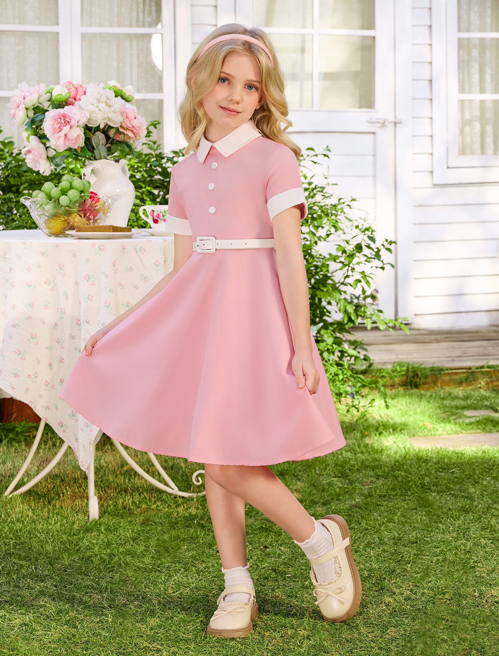50s Style Dress for Kids 1950s Dresses for Girls Rockabilly Audrey Hepburn Prom Tea Party Cocktail Swing Dress with Collar Belt Retro Short Sleeve 50's Themed 1940s 1960s Outfits Apricot 4-5