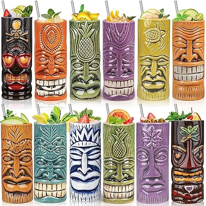 SuproBarware Tiki Mugs Set of 12 - Large Cocktail Tiki Glasses Hawaiian Party Cute Exotic Cocktail Glasses Hawaiian Ceramic Mug