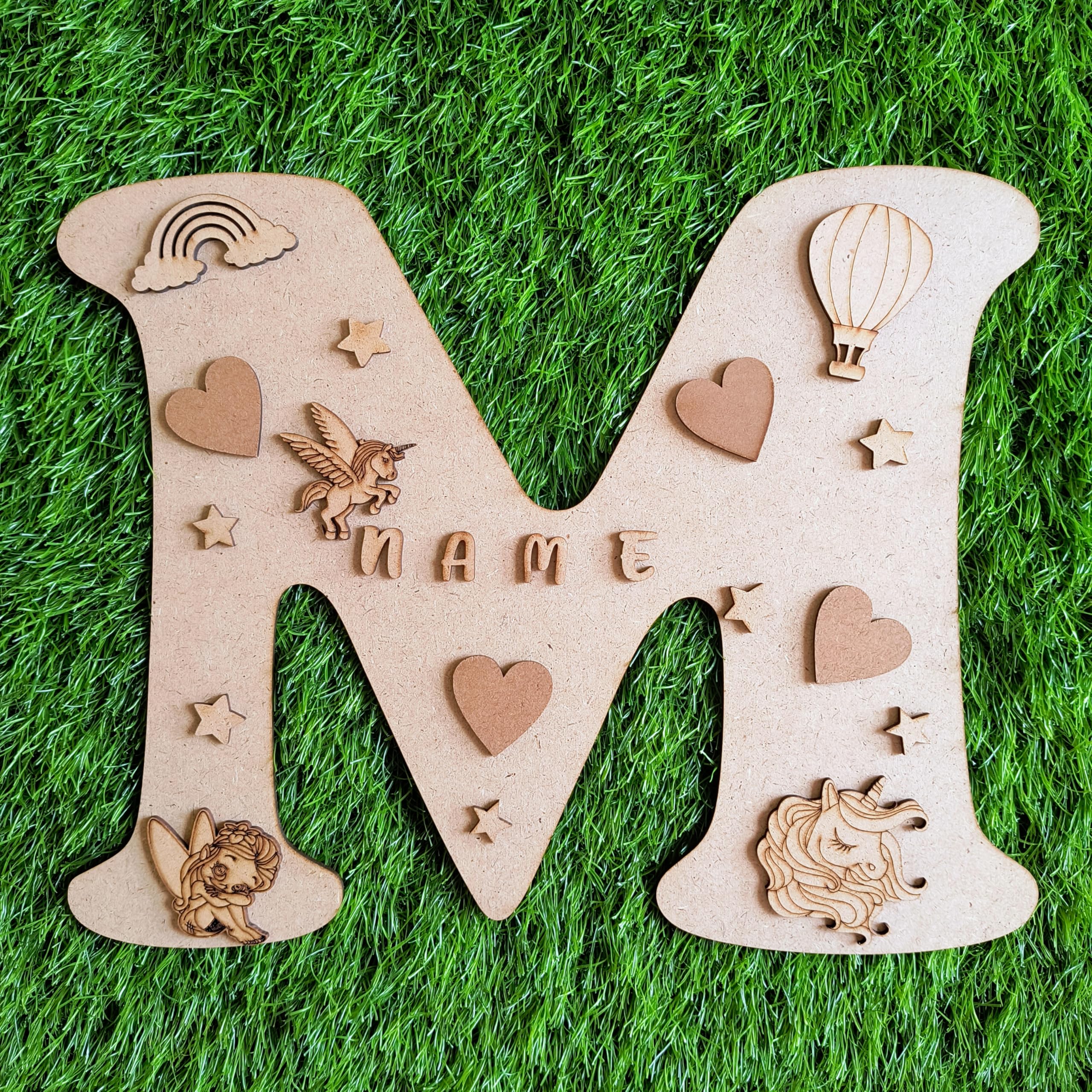 AAS Creations DIY Paintable Wooden Alphabet Name Board for Kids (12 Inch) | MDF Letter Wall Decor Craft Kit with Colors & Brush | Personalized Initial Wall Hanging | Kids Room Decor & Return Gift (12 inch, M -Jungle, Unicorn, Boys)-image-32