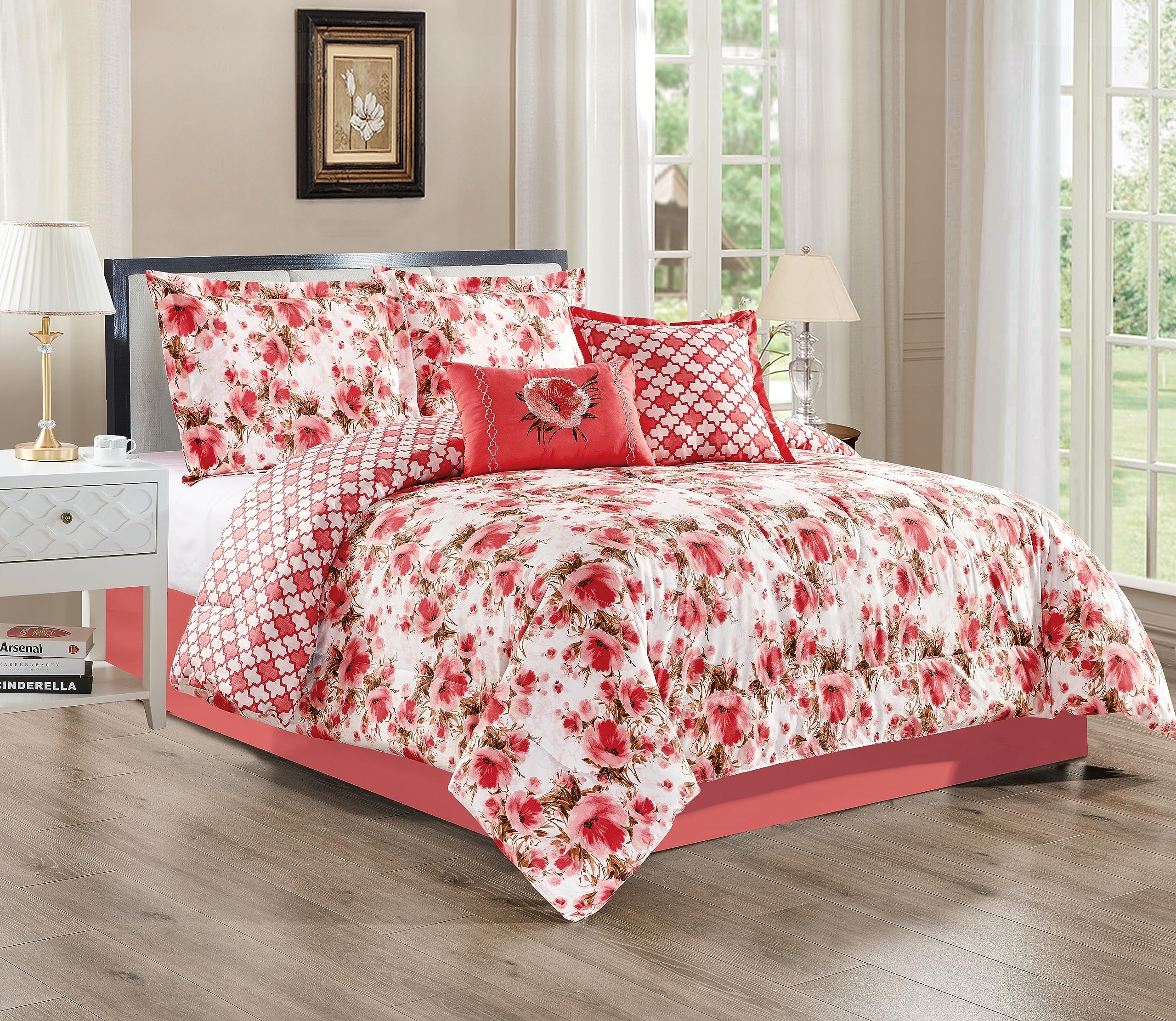 Luxury Home Textiles Judith 5 Piece Comforter Set Includes 2 Pilow Shams and 2 Throw Pillows, Coral Floral (Queen)