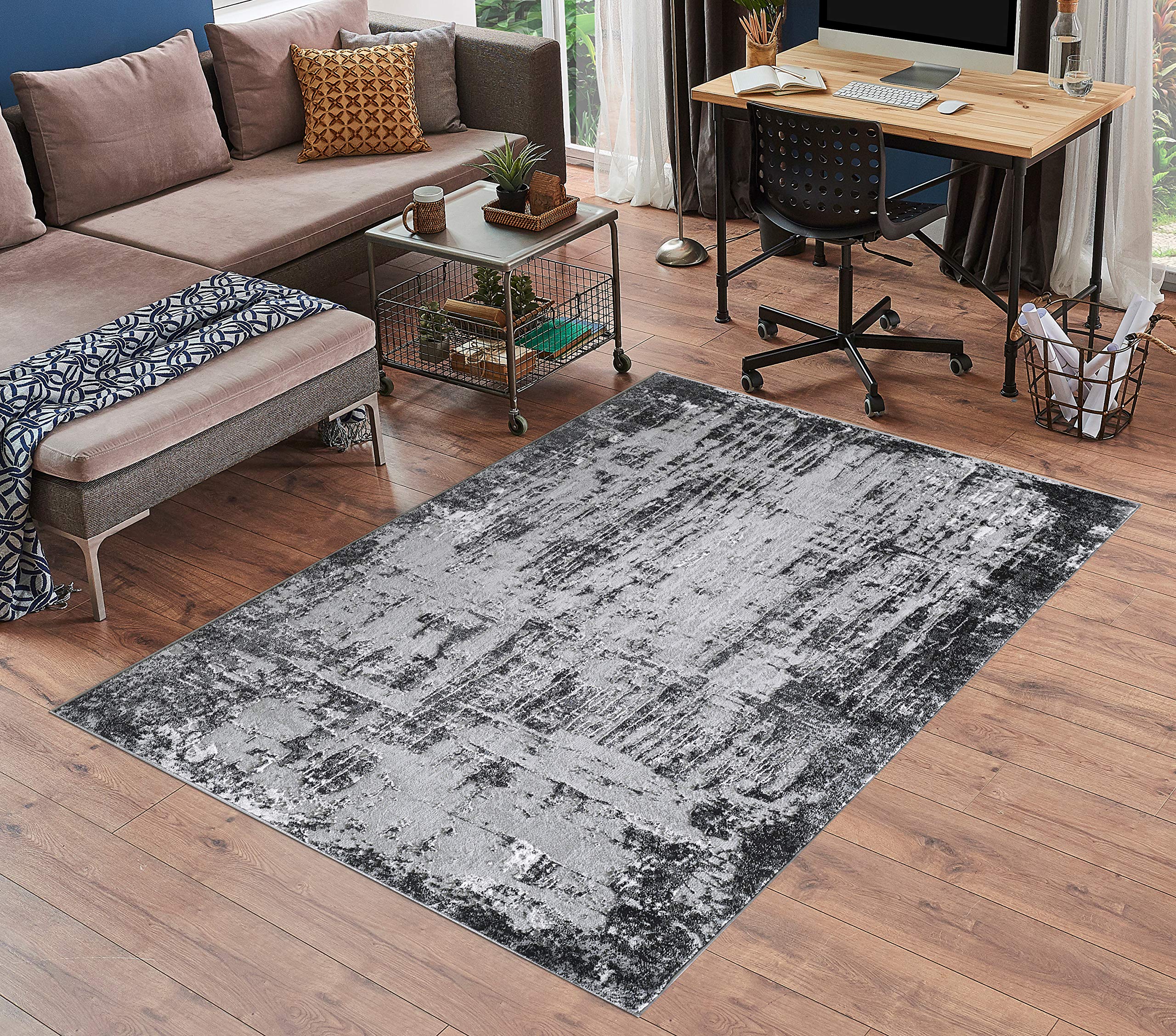 Serdim Rugs Black-211 Serenity Modern Abstract Abrasion Contemporary Area Rugs, Black, 120X170cm (4'X5'6")