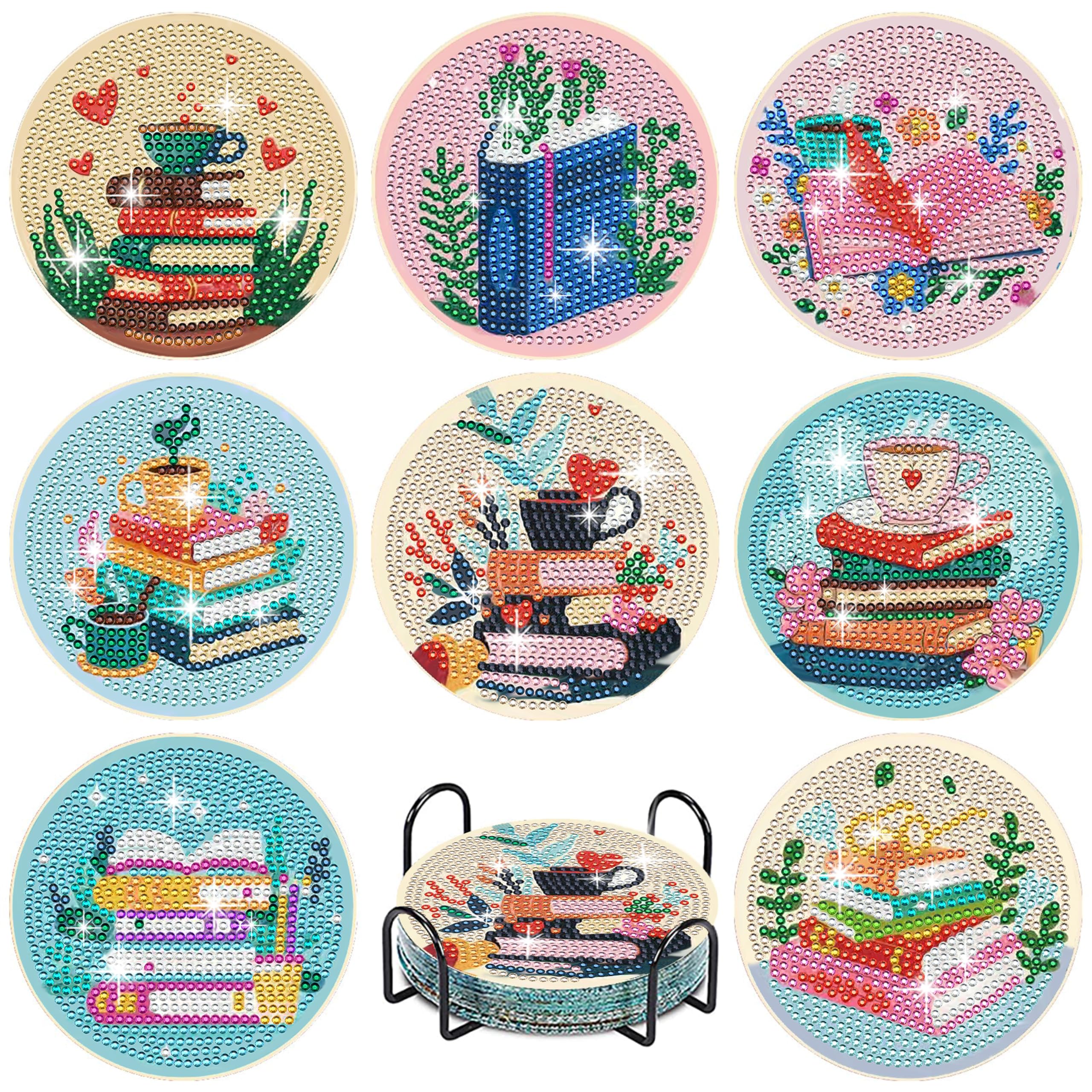 Suntova Women's Book 8Pcs Diamond Art Coasters Kits For Adults,Diy Diamond Art Coasters With Holder Diy Crafts Hobbies For Adults Tabletop Protection And Gifts (Book)