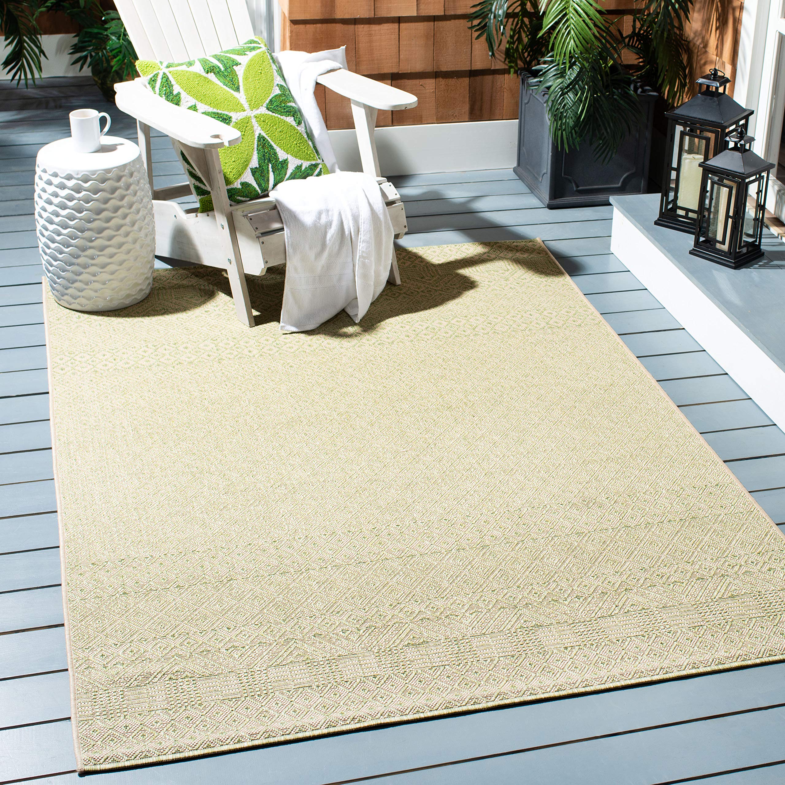 SAFAVIEH Washable Rug Outdoor Courtyard Collection - 6'7" Square, Beige & Green, Non-Shedding & Easy Cleaning, Ideal for Patio, Backyard, Mudroom (