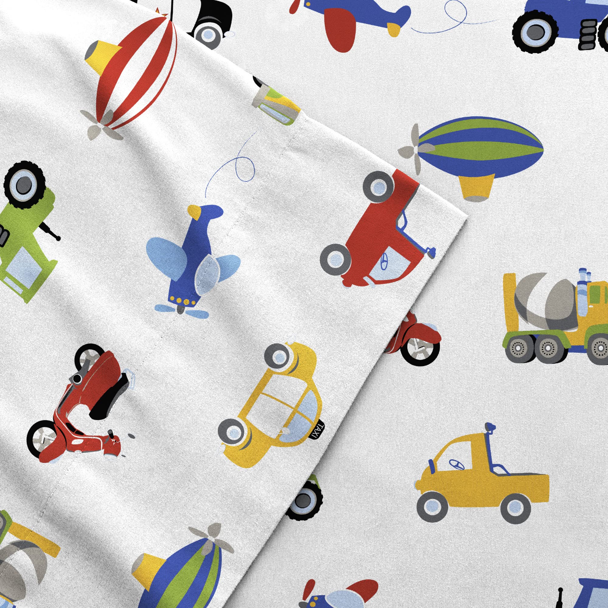 Dream Factory Zestaw pościeli dla dzieci lekkie prześcieradła z mikrofibry super miękkie łatwe mycie przytulna pościel 25 cm kieszeń - pełne, niebieskie ciężarówki traktory samochody