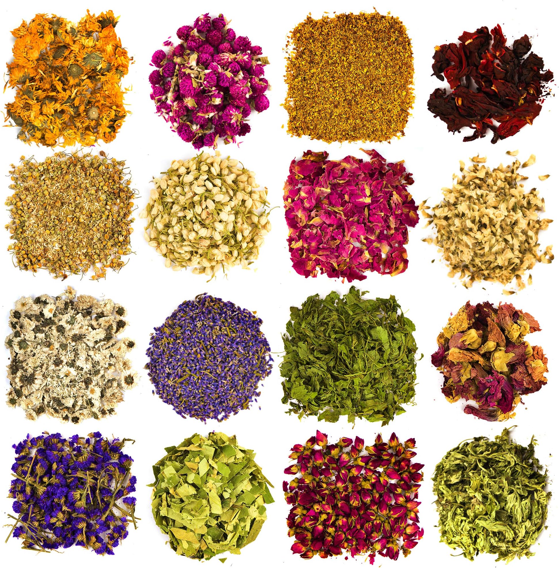 Dried Flowers and Herbs Accessories Decorations -16 Bags Set Dry Flowers Essential Supplies Rose Buds Lavender Chamomile Jasmine Scents for Flower Arrangements Crafts Bath Candle Soap Lip Gloss Making