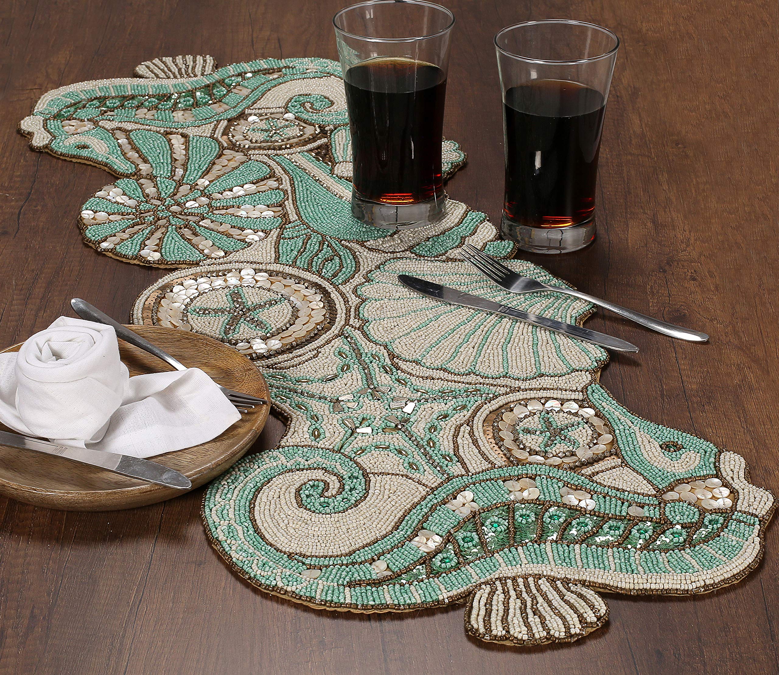 Handcrafted Coastal Theme Sea Shells Beaded Table Runner Beach Nautical Decor Tabletop Multi Colour-Home Decor Mat for Wedding Christmas Decoration Family Gathering - Image 2