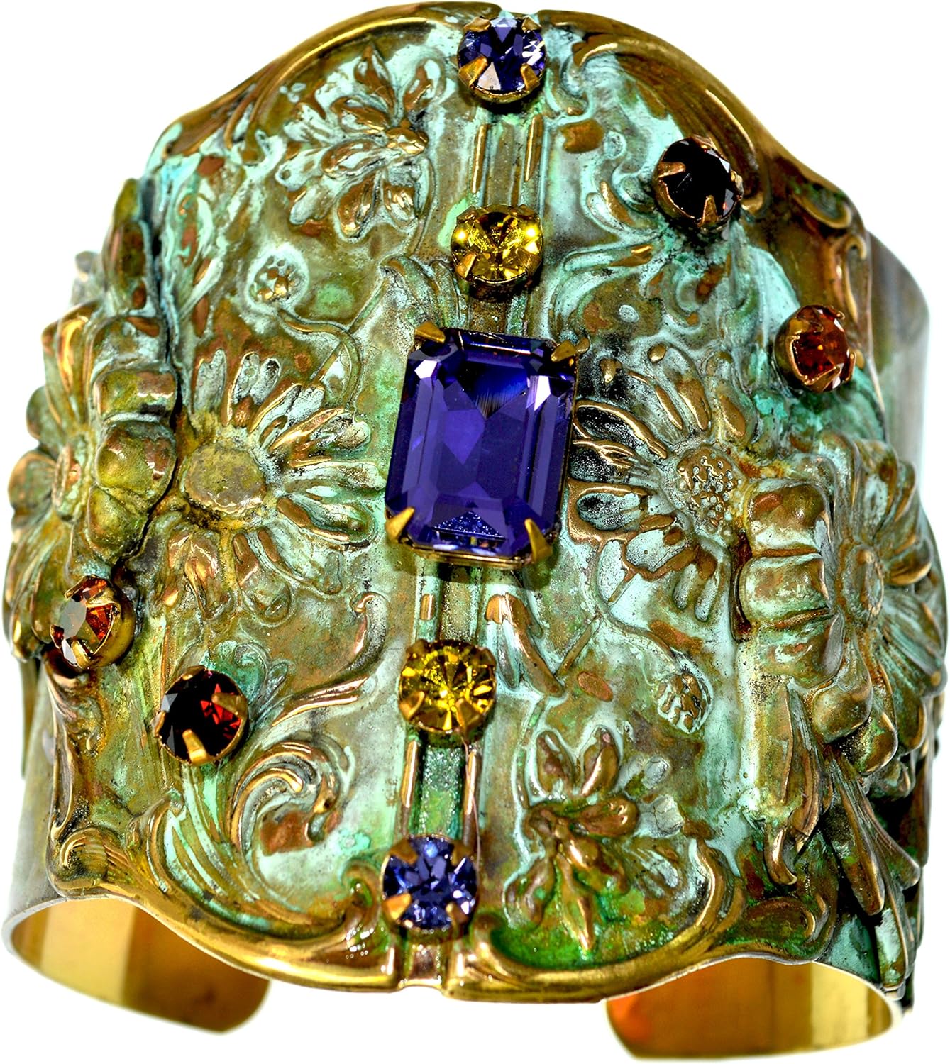 Elaine Coyne Collectible Artwear Olive Patina Brass Zinnia Flowers Wide Cuff - Authentic Glass Crystals
