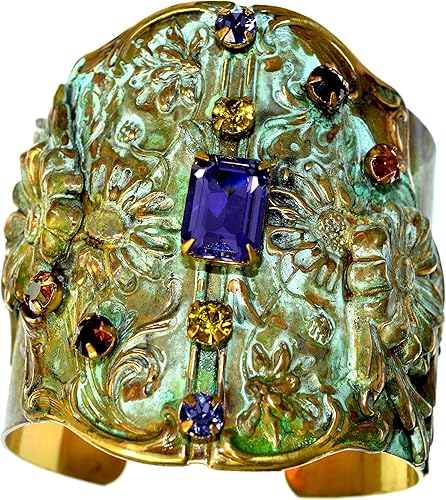 Elaine Coyne Collectible Artwear Olive Patina Brass Zinnia Flowers Wide Cuff - Auténticos cristales de cristal, Cristal