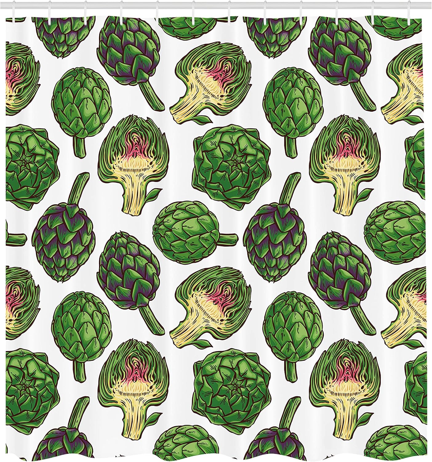 Ambesonne Artichoke Shower Curtain, Hand Drawn Food Art Slashed in Half Veggie Repetitive Ornament Garden to Cuisine, Cloth Fabric Bathroom Decor Set with Hooks, 69" W x 75" L, Fern Green