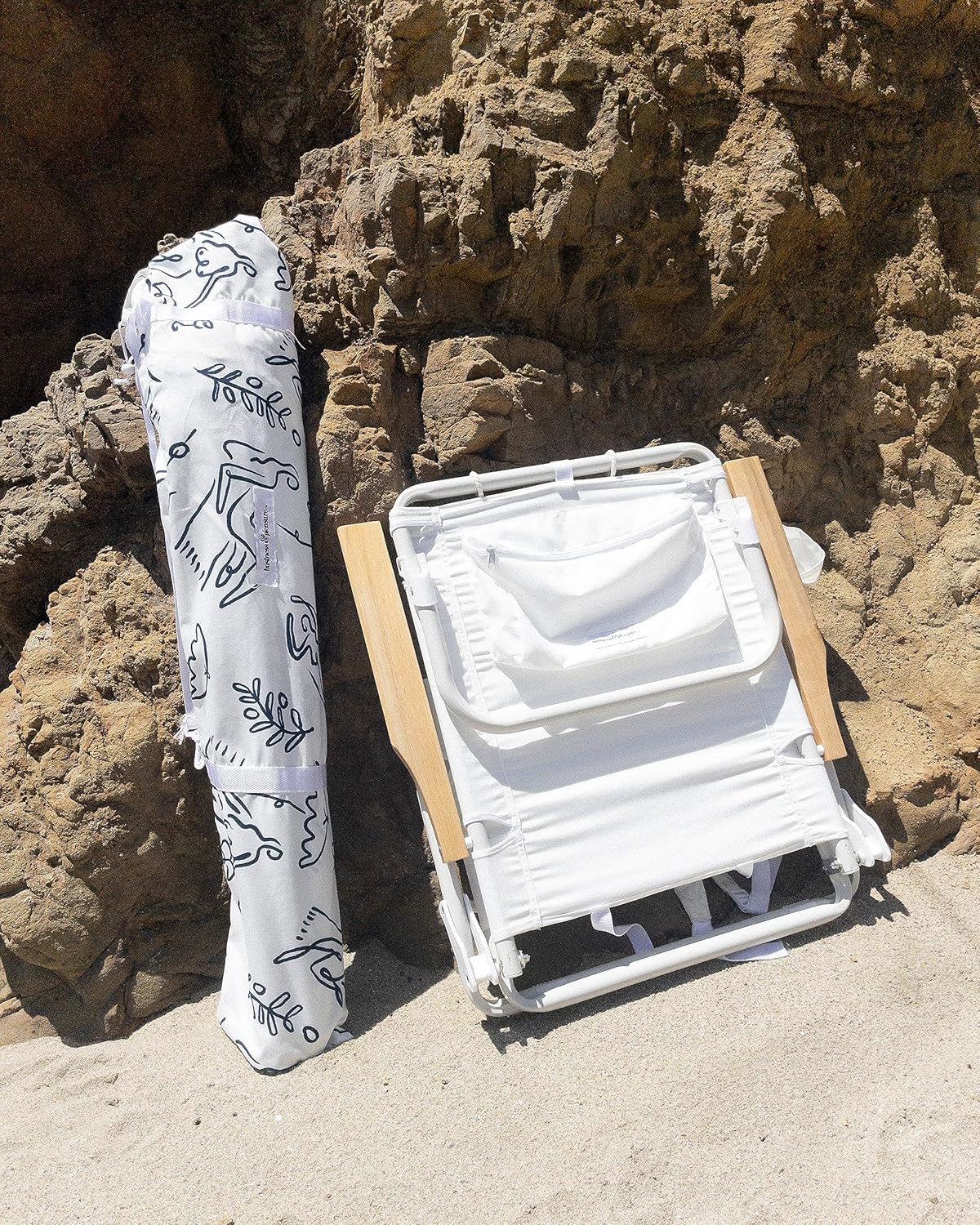 Business & Pleasure Co. Holiday Umbrella - Boho Beach Umbrella with White Fringe, UPF 50+, 1" Tilting Wood Pole, 5’ x 6.5’, Le Basque Navy
