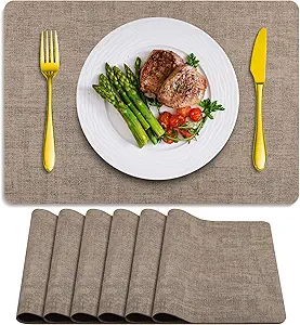 Placemats Set of 6 Washable, Heat Resistant Table Placemats Wipeable Faux Leather Place Mats Non Slip, Waterproof Square Table Mats for Indoor Outdoor, Apricot