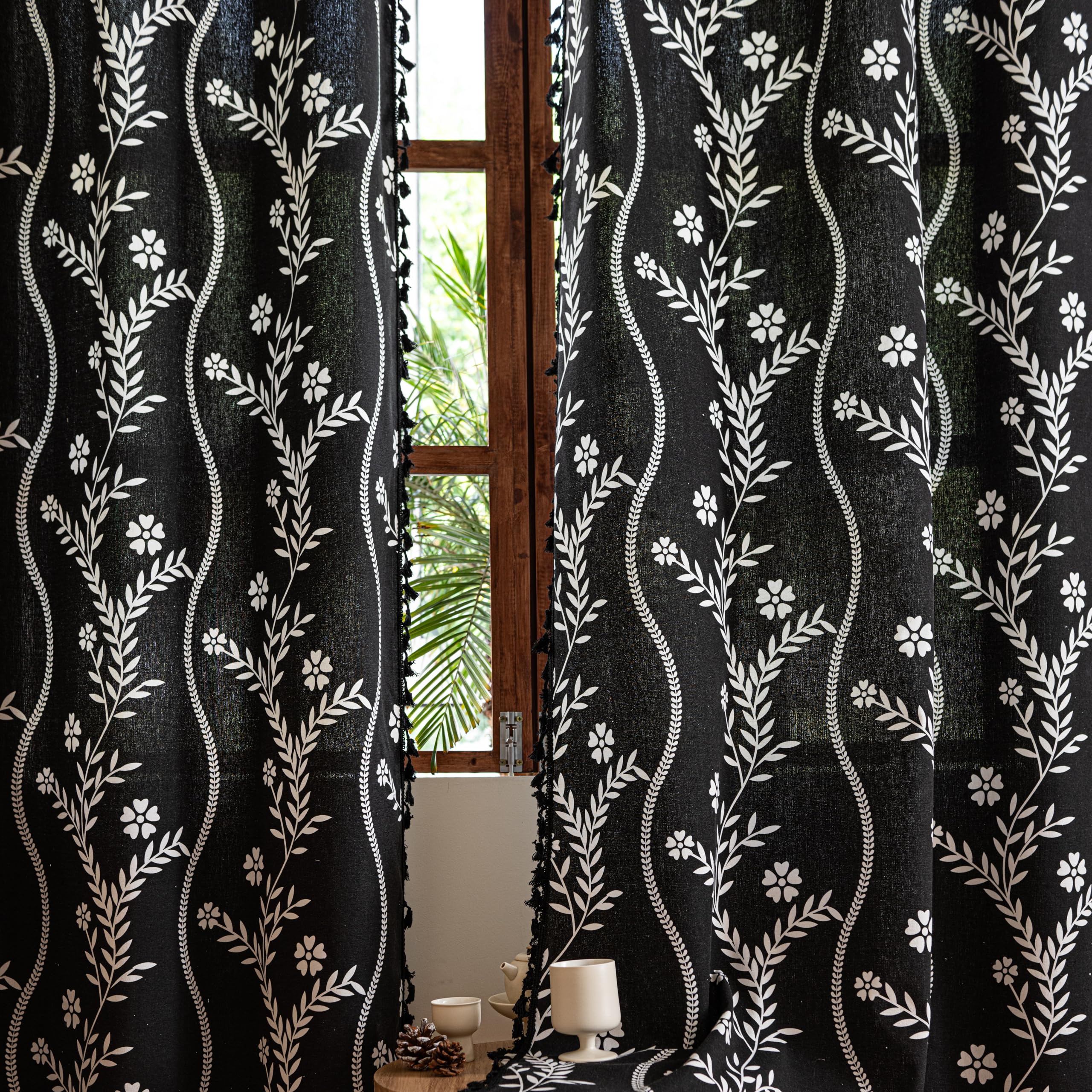 Sutuo Home Boho Curtains 2 Panels for Bedroom Kitchen,Bohemian Vintage Chic Drape Grommet Semi Blackout Linen Curtain Print Floral Farmhouse Privacy Shabby Tassels Window Treatment 52" W x 63" L,Black