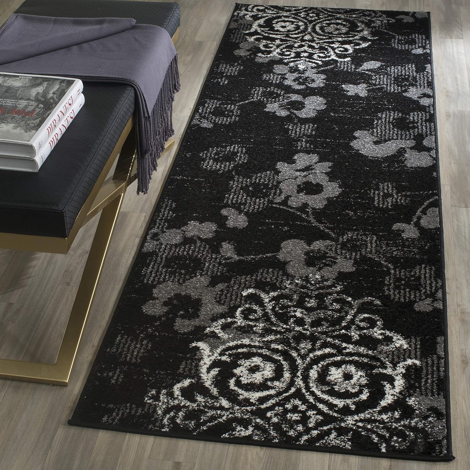 Black and Gray Floral Damask Rectangular Area Rug