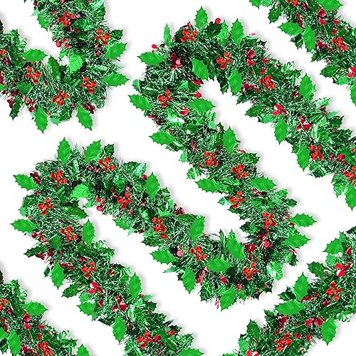 Miniatura 1 de Guirnalda de oropel de Navidad de 50 pies para decoración de árbol de Navidad con hojas y bayas rojas, guirnalda metálica giratoria de Navidad para