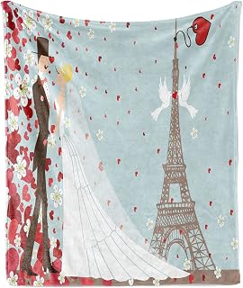 Ambesonne Wedding Throw Blanket, French Couple Hand Drawn Paris Eiffel Tower Getting Married Hearts Celebration, Flannel Fleece Accent Piece Soft Couch Cover for Adults, 50" x 70", Blue Red White