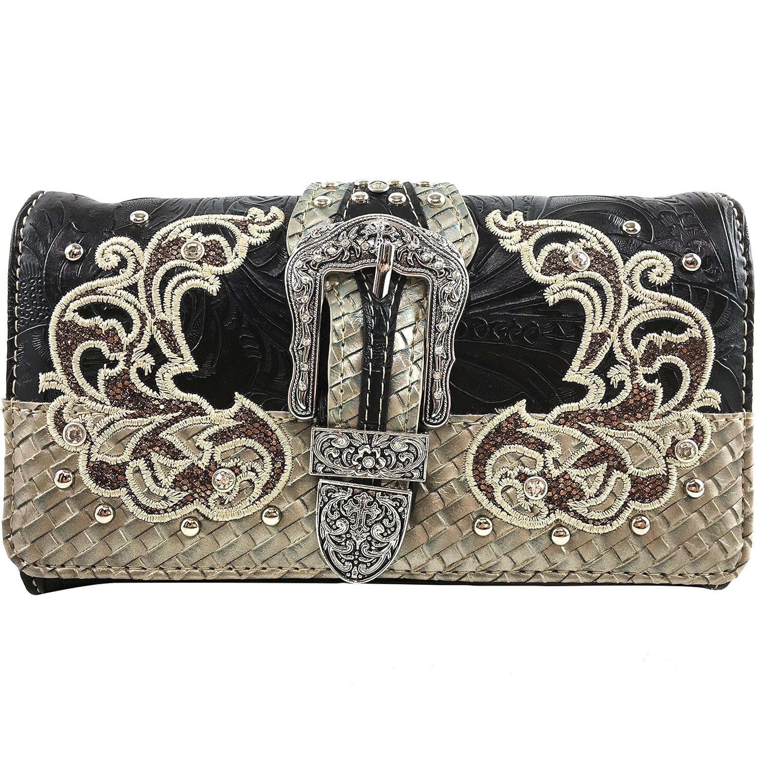 Justin West Gleaming Western Tooled Rhinestone Buckle Floral Embroidery Chain Shoulder Handbag Purse Concealed Carry