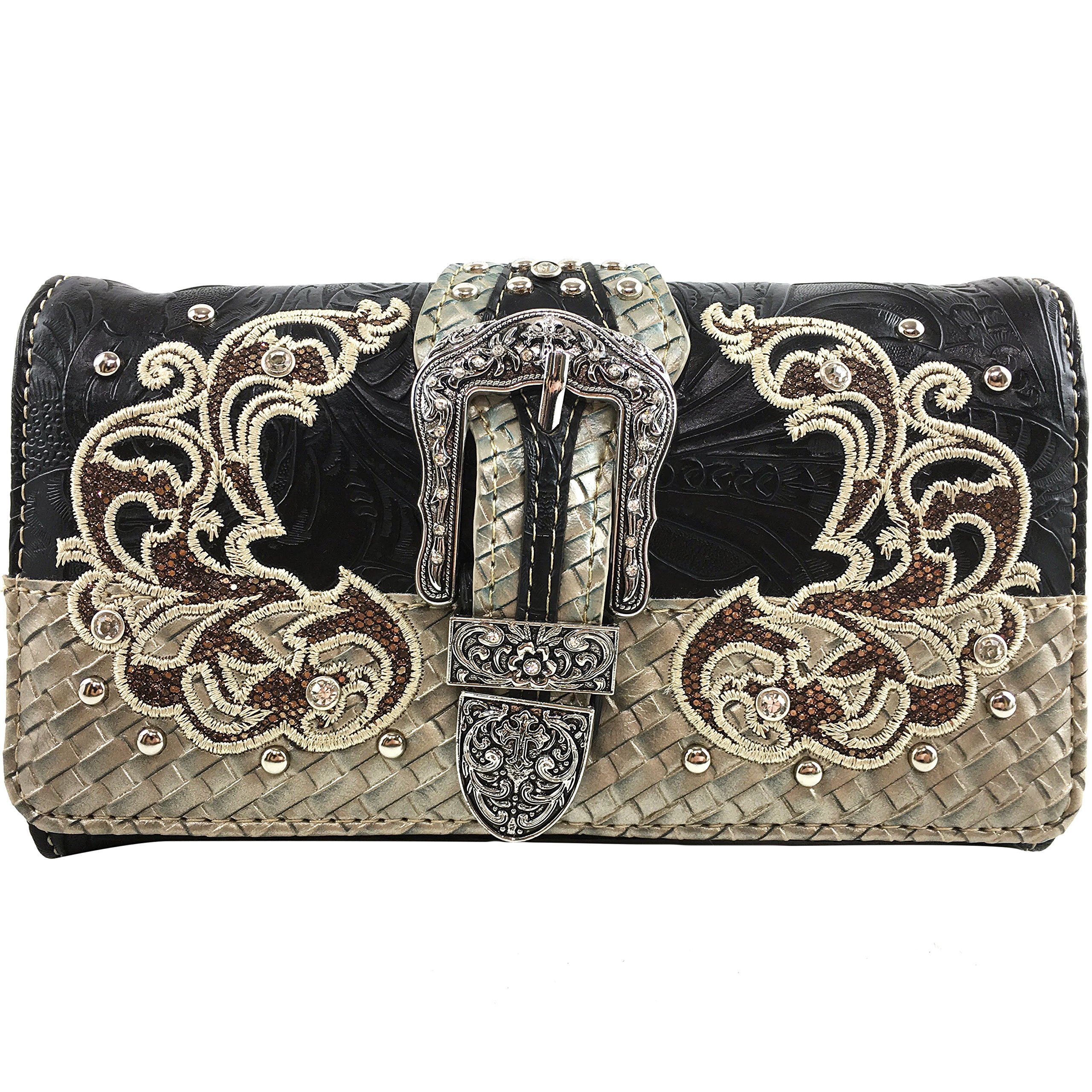 Justin West Gleaming Western Tooled Rhinestone Buckle Floral Embroidery Chain Shoulder Handbag Purse Concealed Carry