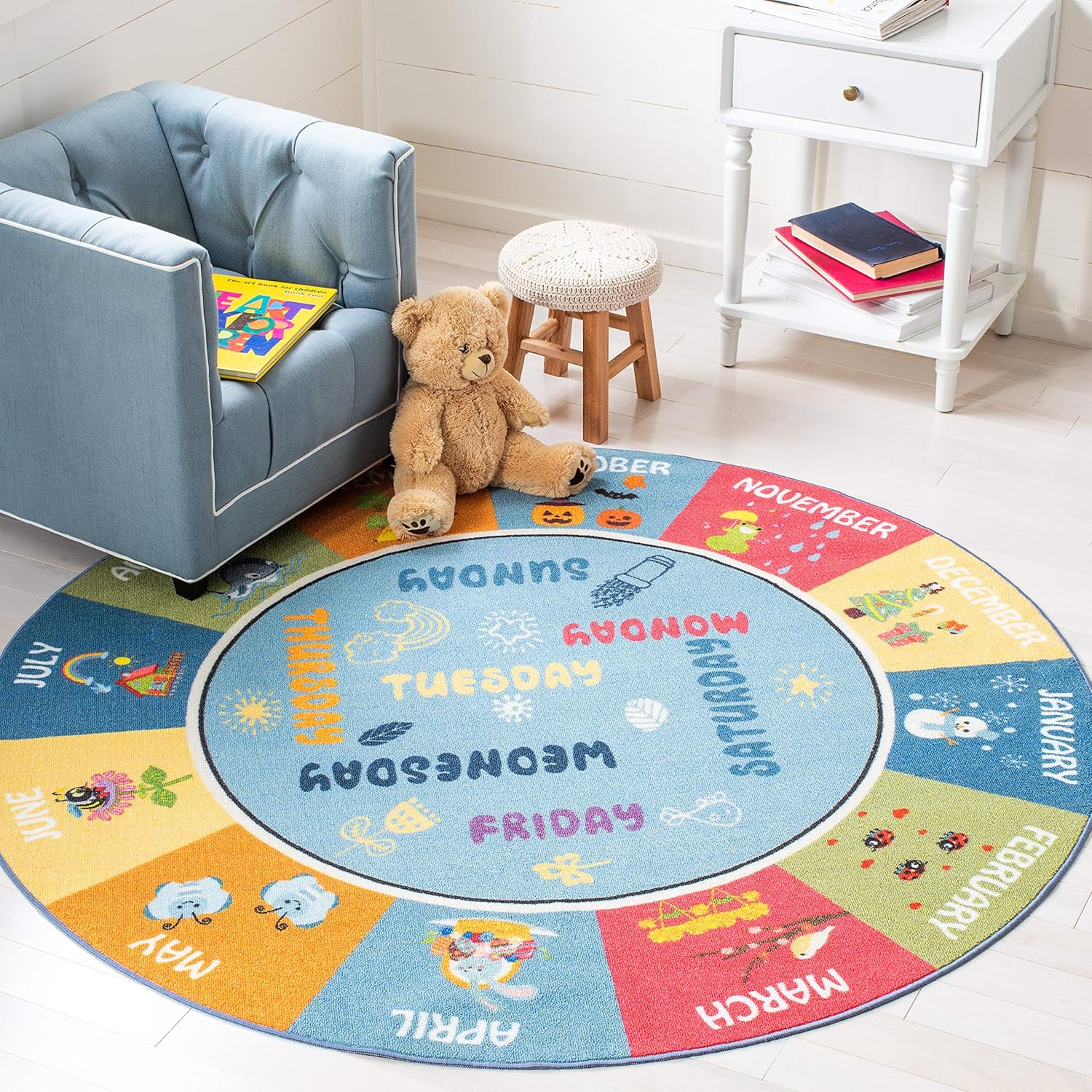 SAFAVIEH Washable Rug Kids Playhouse Collection - 3'3" Round, Blue & Green, Slip Resistant & Easy to Clean, Ideal for Kids Room, Playroom, Nursery, Boys & Girls Room (KPH224M)
