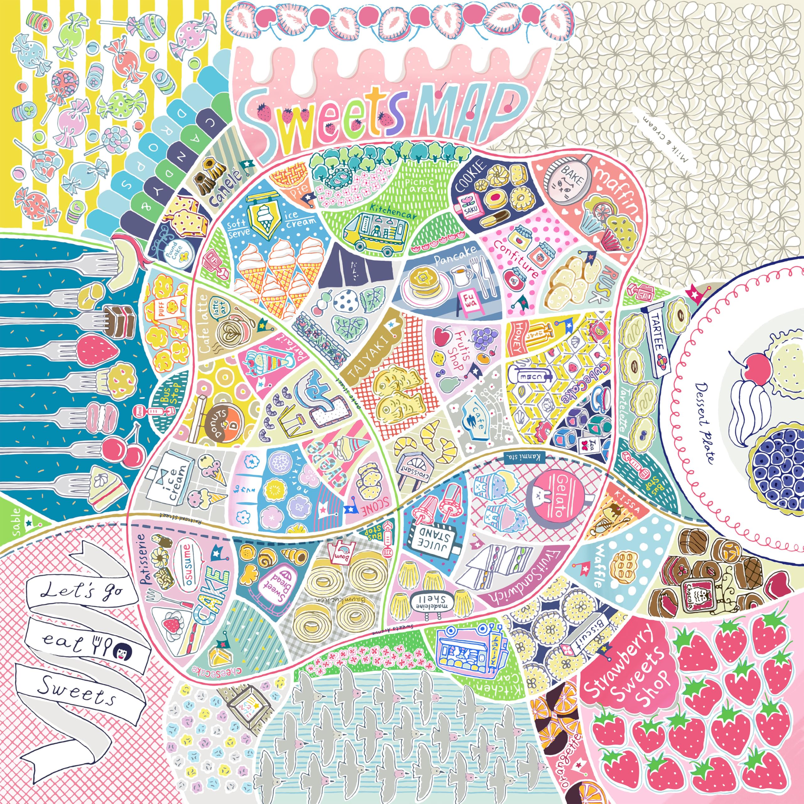 Asakura Nagare Furoshiki Super Water Repellent Sweets Map 28in Japan Made