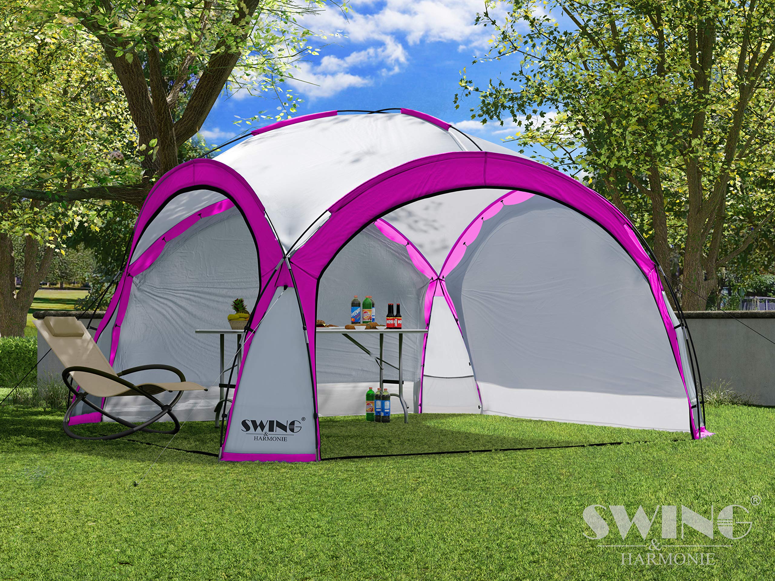 XXL LED Event Pavillon 4,5 x 4,5m DomeShelter Garten Pavillion inkl. Solarmodul Pavilion Designer Gartenzelt Camping Pavilon Partyzelt mit Beleuchtung (450cm - pink)