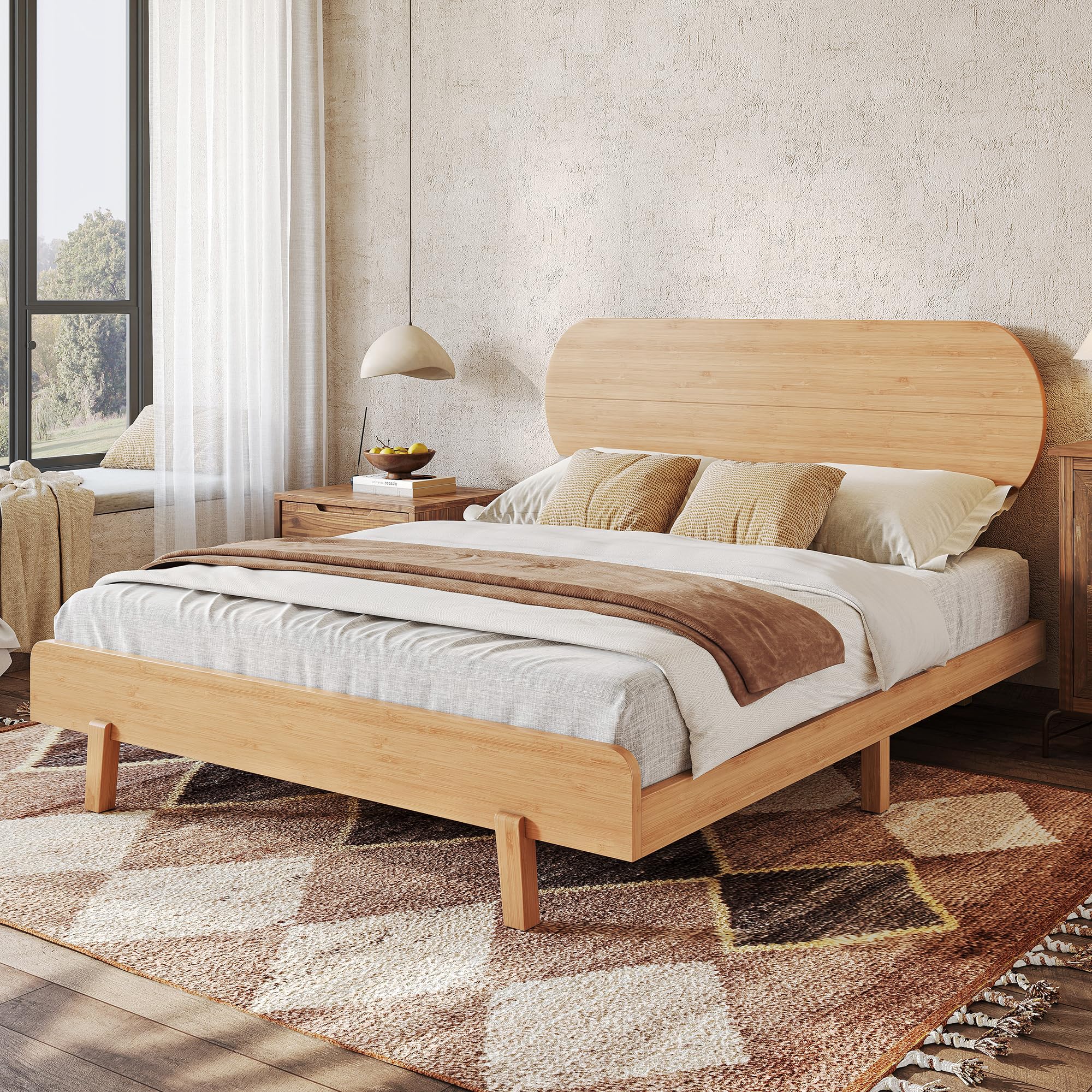Bellemave Queen Size Bamboo Bed Frame with Headboard,Bamboo Platform Bed Frame Queen Size with Rounded Headboard and Wood Slats,Easy Assembly,Natural