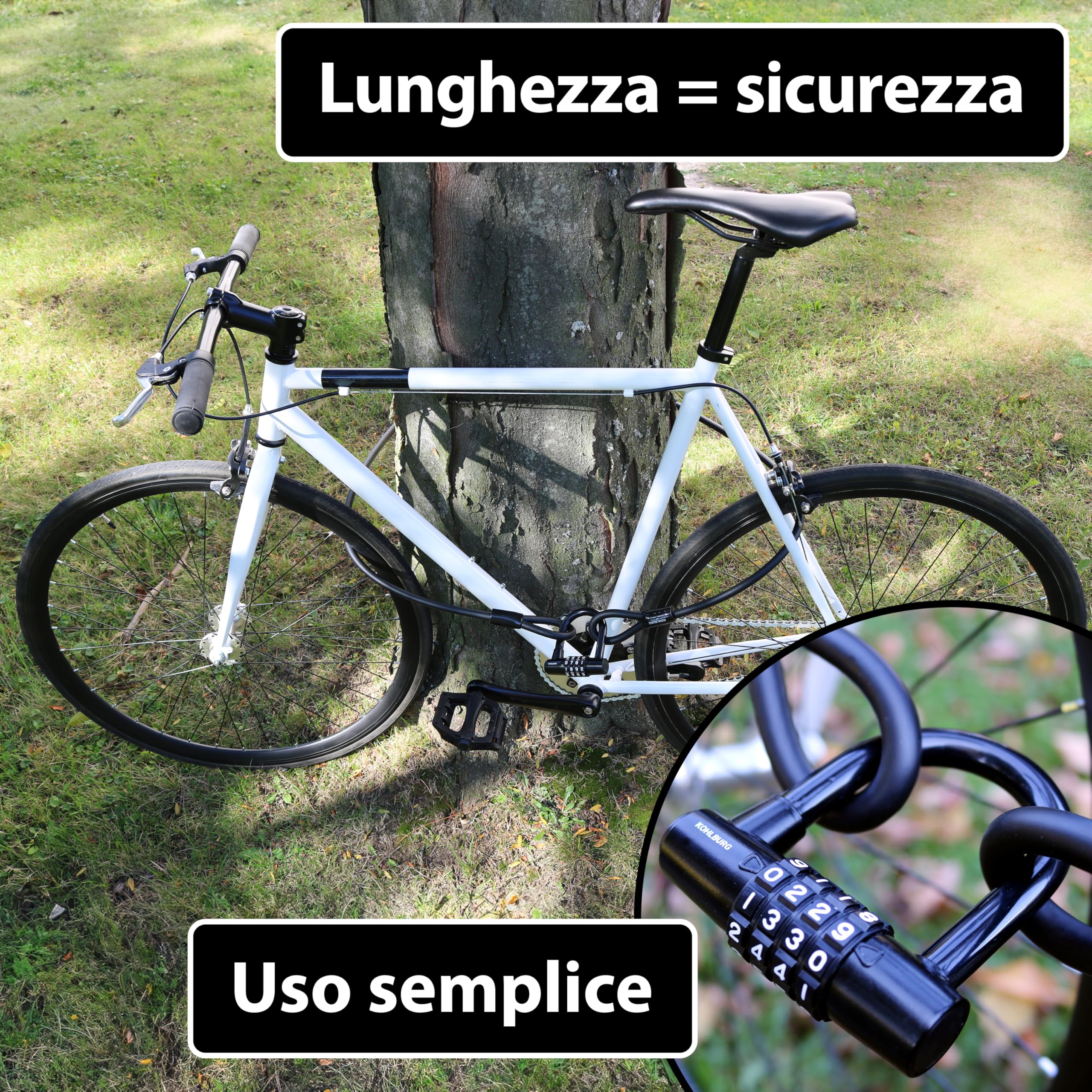 KOHLBURG Antifurto a cavo lungo 2 metri con combinazione numerica – Lucchetto da 200 cm – con chiusure a strappo – Cavo in acciaio con codice per bicicletta, mobili da giardino e antifurto per bici