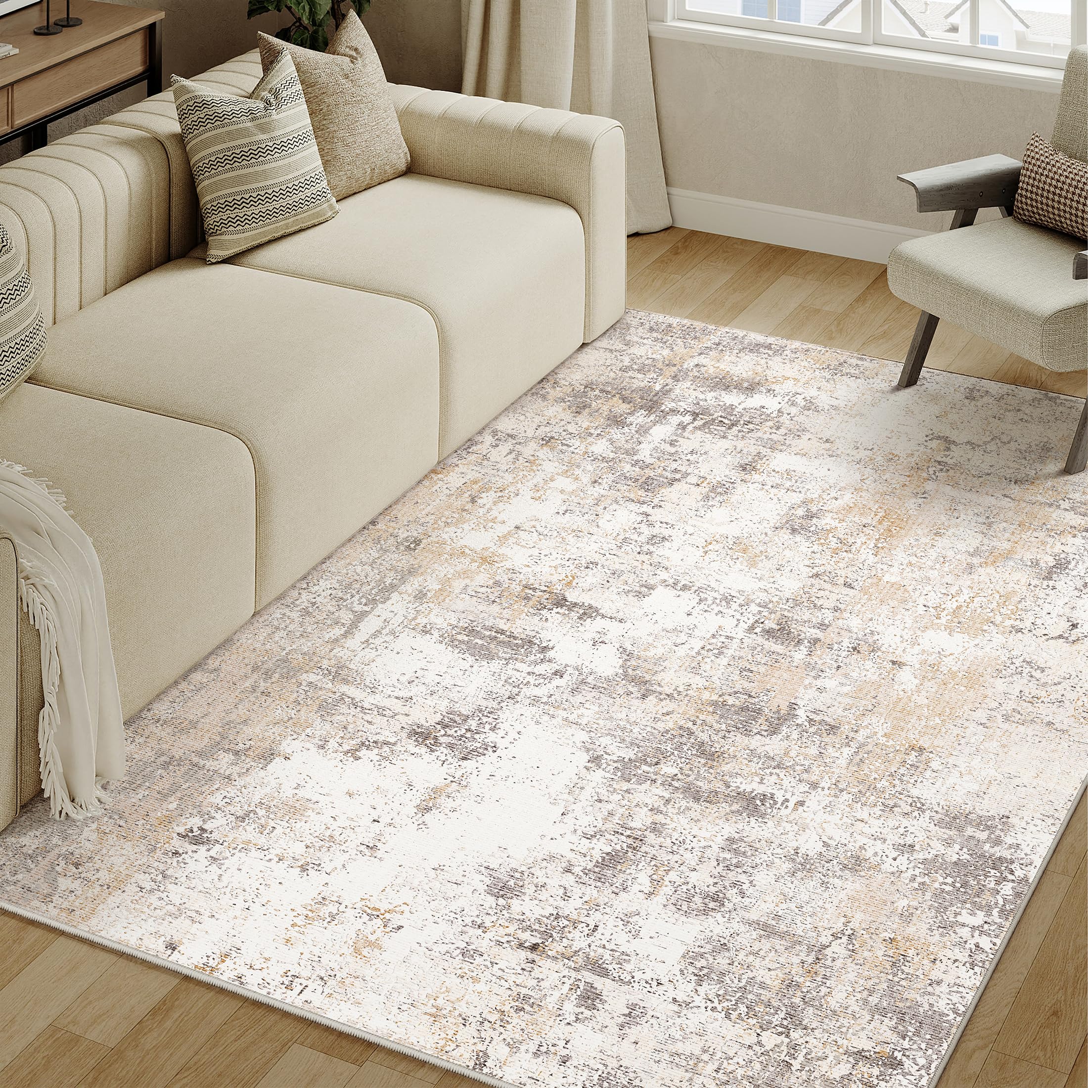 wondrg 4x6 washable area rug beige grey abstract entryway office throw rug neutral modern non slip soft low pile indoor carpet for living room bedroom kitchen entrance