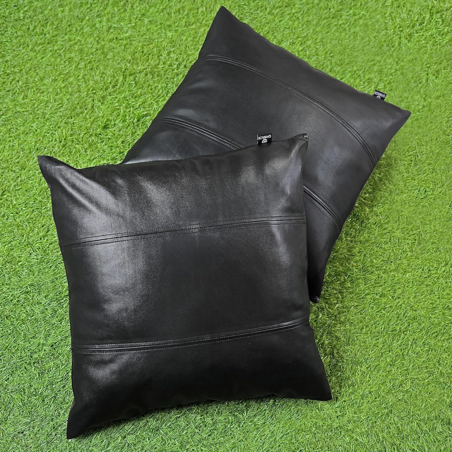 Lambskin Leather Pillow Cover - Decorative Sofa Cushion Case - Throw Covers for Living Room & Bedroom, 20" x 20" - Black (02) Pack of 2