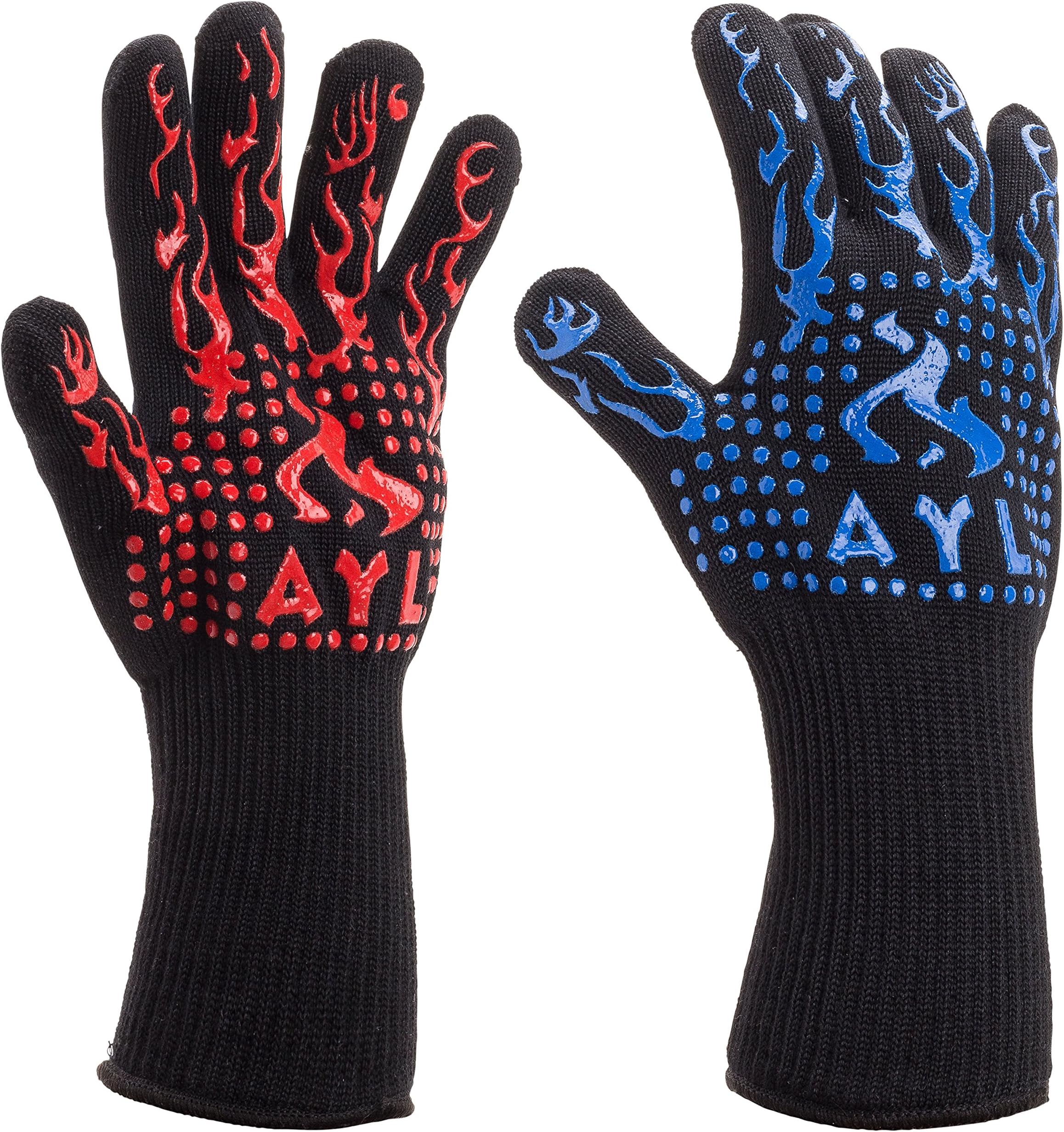 AYL BBQ Gloves Heat Resistant Up to 932⁰F: Insulated Kitchen Cooking Baking & Grilling Gloves for Holding Pots, BBQ, Grill, Non-Slip, Comfy Gril, Mitts, Top BBQ Accessory (Blue/Red)