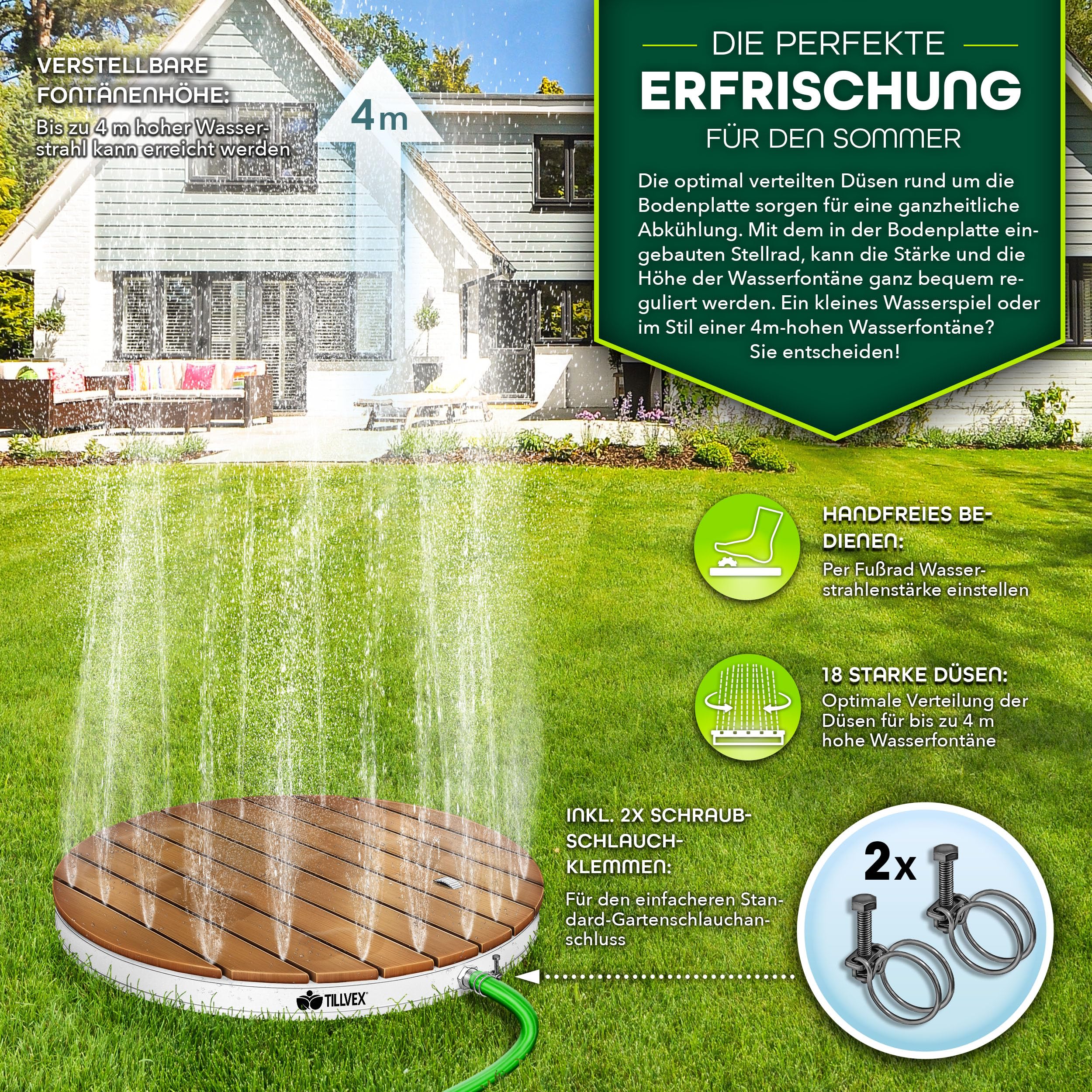 tillvex® Gartendusche Outdoor bis 4 m Fontänenhöhe | Bodendusche rund mit Fußrad | Außendusche rutschfest | Saunadusche wetterfest | Campingdusche aus Aluminium/WPC/Holzoptik