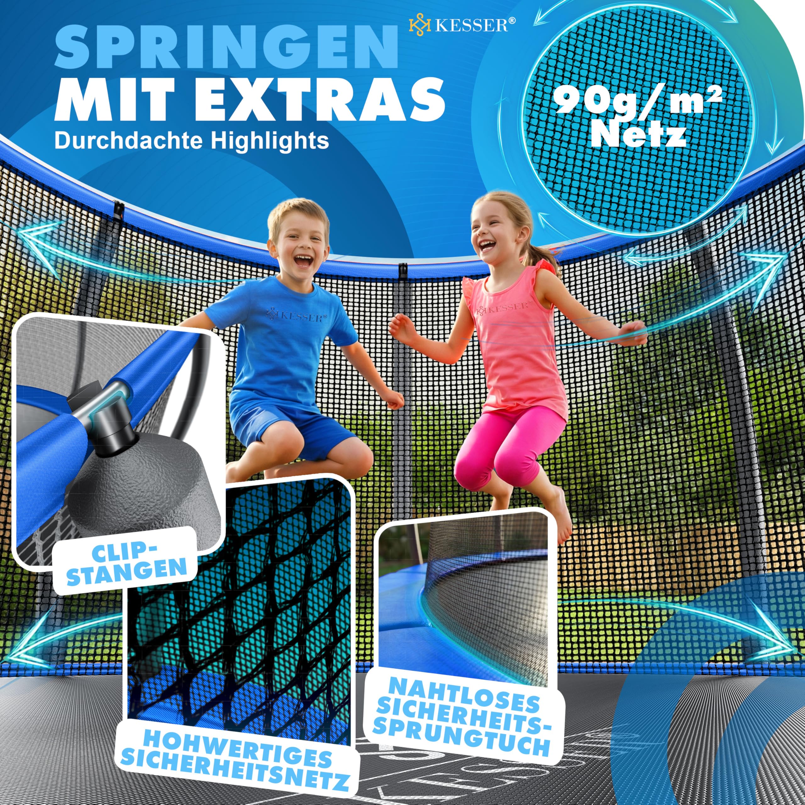 KESSER® Trampolin Outdoor Ø 244/305/366/427 cm, GS-Zertifikat, Gartentrampolin für Kinder & Erwachsene <150 kg mit Sicherheitsnetz, inklusive Tasche, Leiter, Randabdeckung & gepolsterten Netzstangen