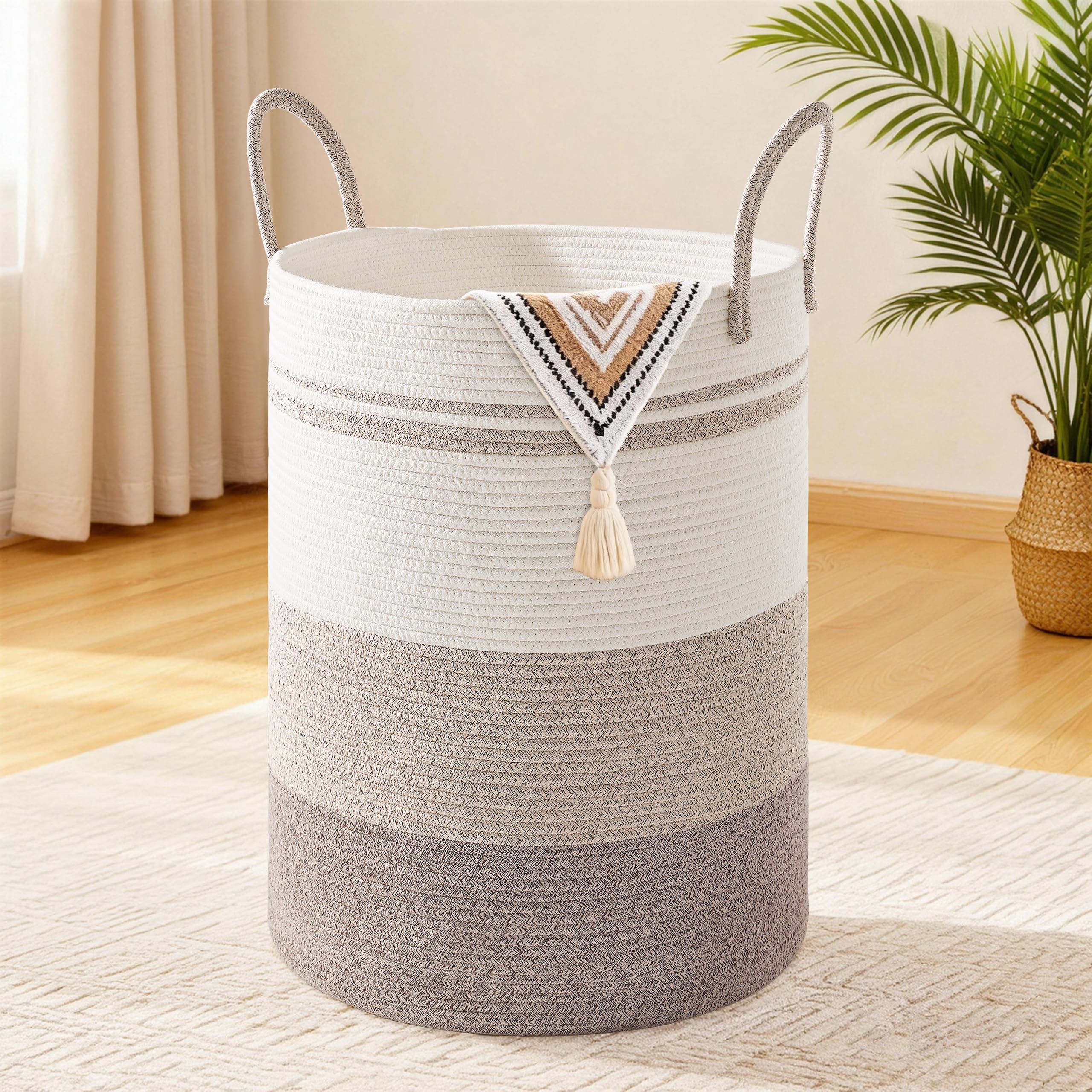MYHOMMATTO Wäschekorb,Aufbewahrungskorb,Geflochten Korb,72L Groß Rund Wäschesammler mit Baumwoll Henkel für Kinderzimmer,Korb für Decken und Spielzeug für Wohnzimmer oder Waschraum,Braunverlauf