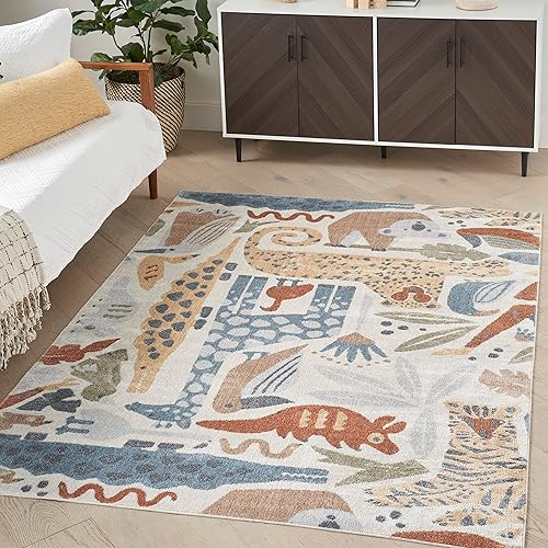 Nourison Astra - Alfombra lavable a máquina con diseño de animales marfil de 6 pies 7 pulgadas x 9 pies, fácil de limpiar, no se desprende, disponible en Yaxa Peru