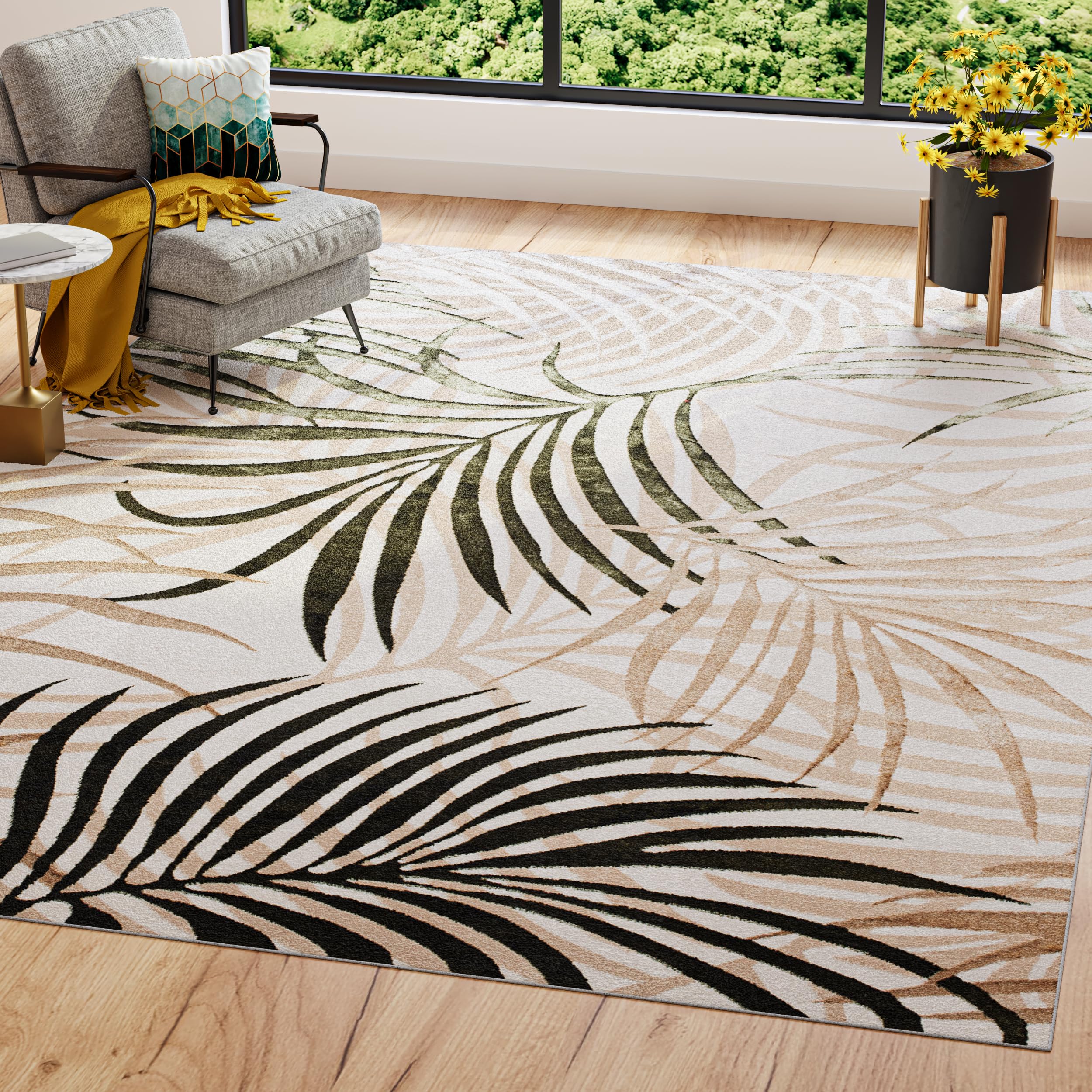 TAPISO Golden Teppich Wohnzimmer Kurzflor Schlafzimmer Luxuriös Creme Beige Grün Blätter Meliert Verwischt Modern Design ÖKOTEX 200 x 300 cm