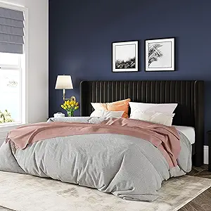 Allewie King Size Velvet Bed Frame/Vertical Channel Tufted Wingback Headboard/Upholstered Platform Bed/Strong Wooden Slats/No Box Spring Needed/Easy Assembly/Black