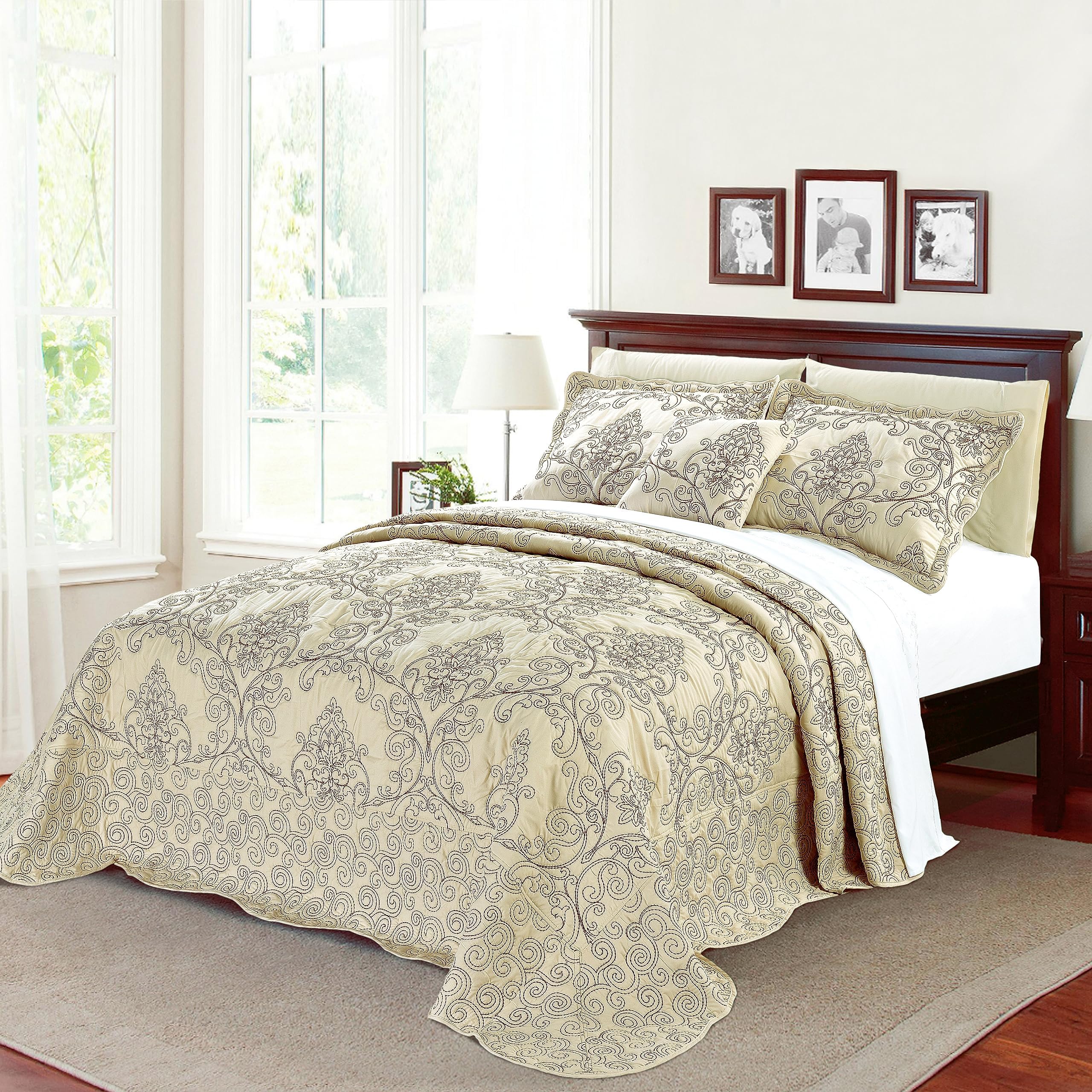 Home Soft Things Damask 4 Piece Bedspread Set, Scalloped Edge Reversible Quilt Coverlet Comforter Prewashed Bedding Set, Matelasse Embossed Floral Solid Pattern,Beige Oversize Queen(110" x 120")