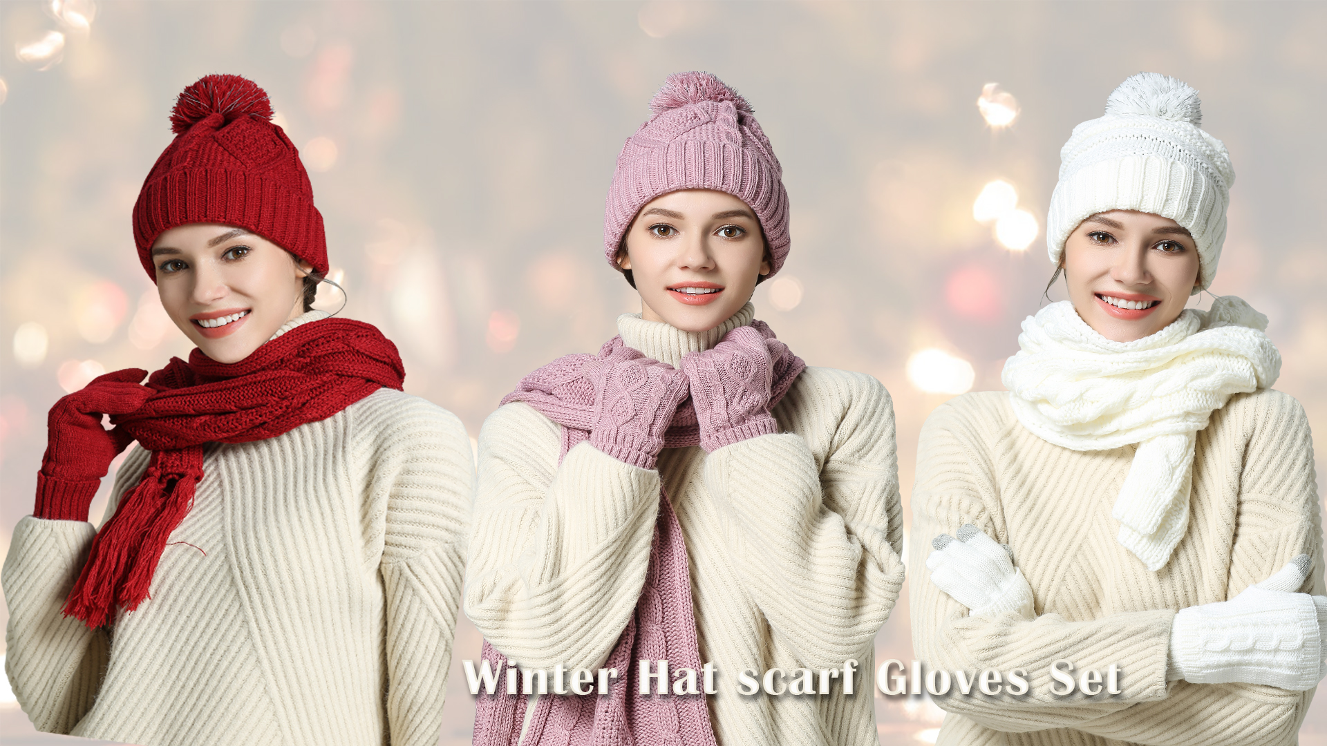 Winter Hat Gloves Scarf Set for Women, Cable Knit Beanie Pom 