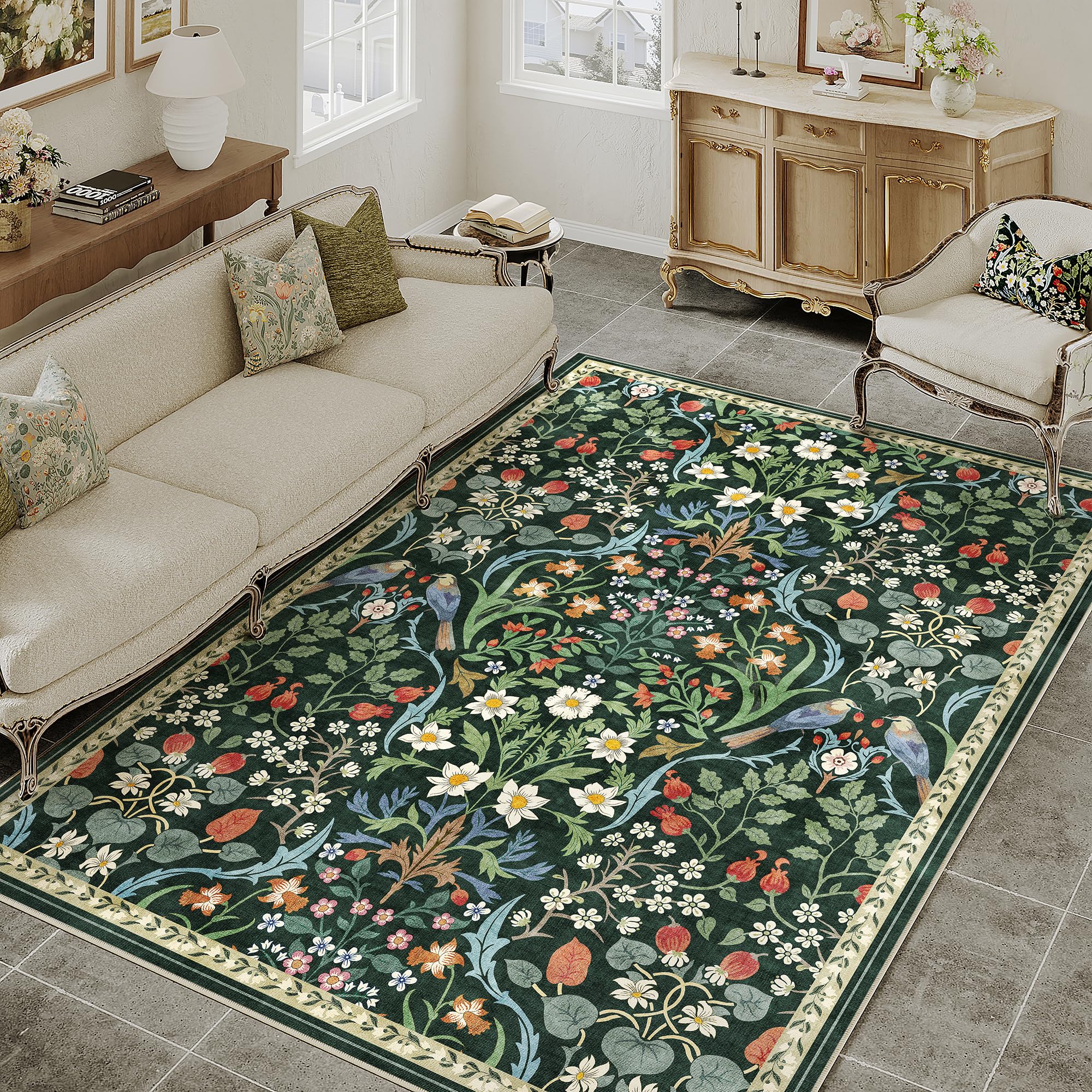 PureCozy Waschbarer Teppich Wohnzimmer Vintage Böhmischen Kariert Flower Tepich